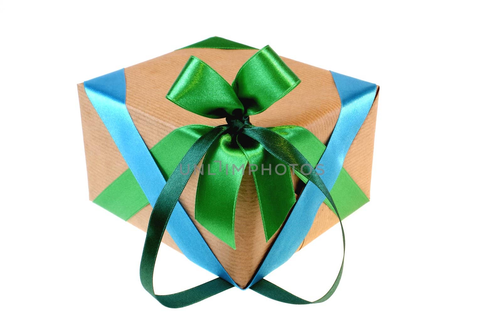 grey package with colourful ribbons isolated on white background

