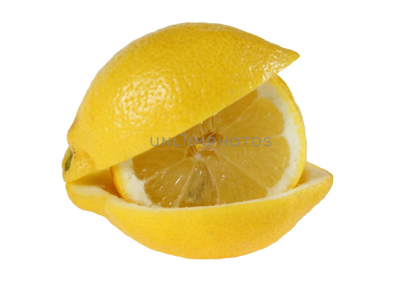 lemon's slice is put in peel isolated on white background