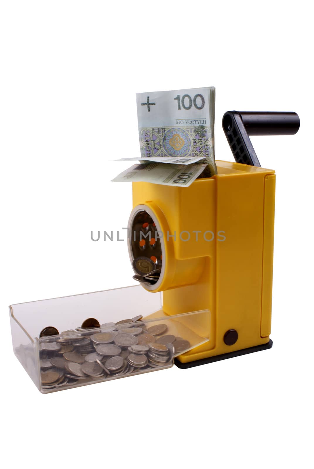 device to changing notes to coins isolated on white background