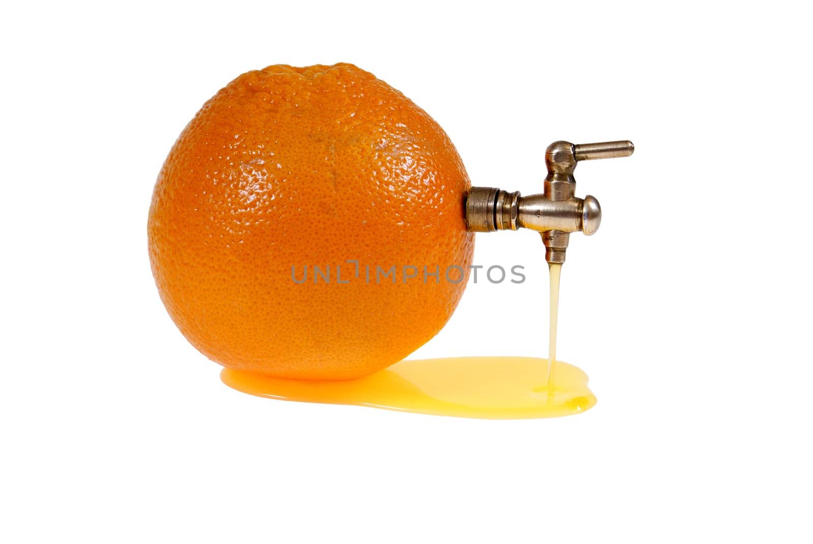 orange with tap and juice flow isolated on white background