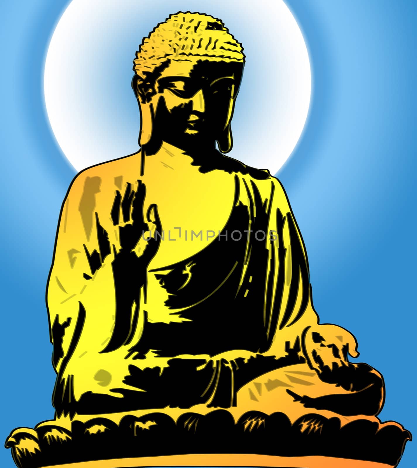 Golden Buddha Sitting Illustration on Blue Background by bobbigmac