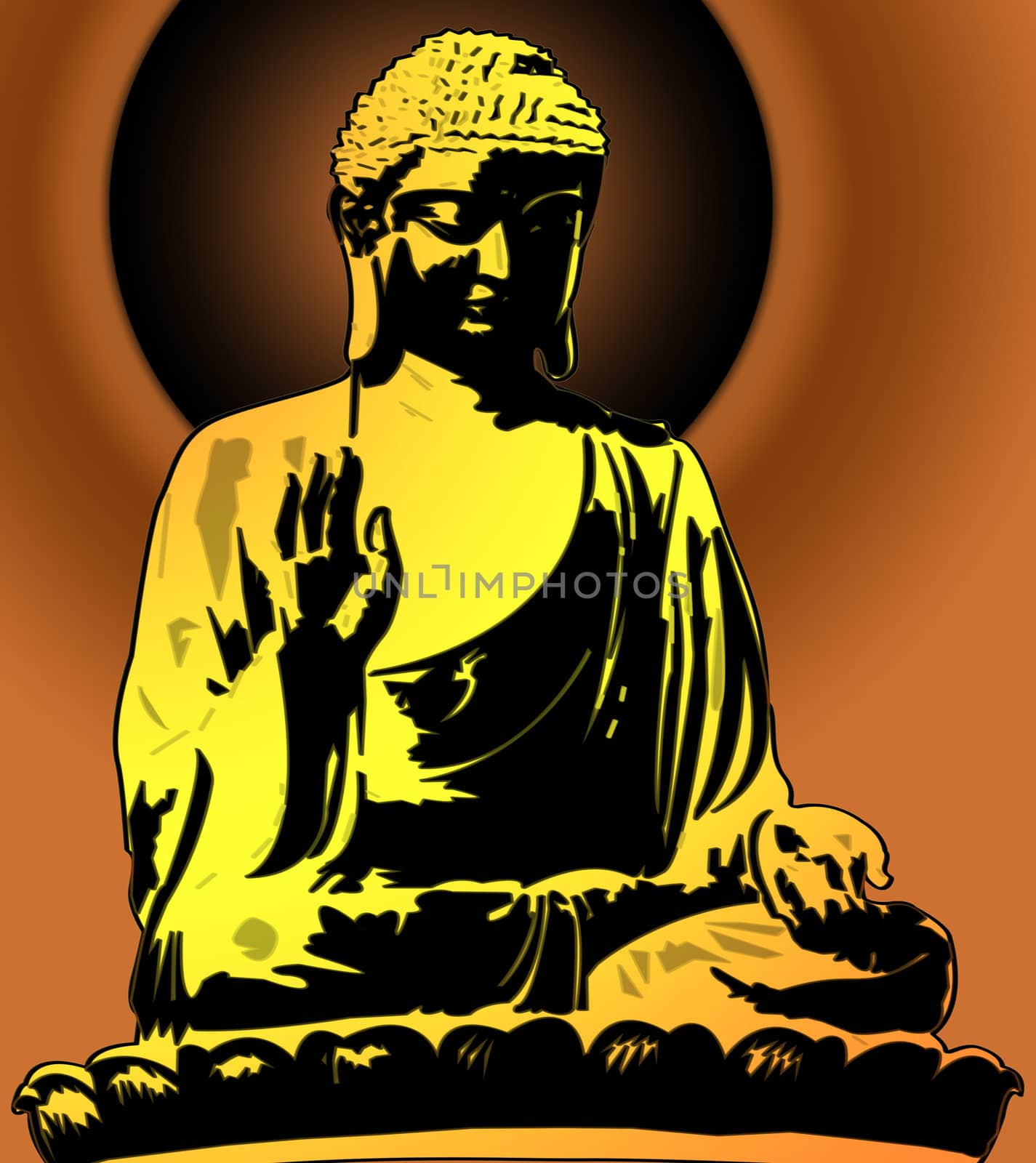 Golden Buddha Sitting Illustration on Sunset Background by bobbigmac