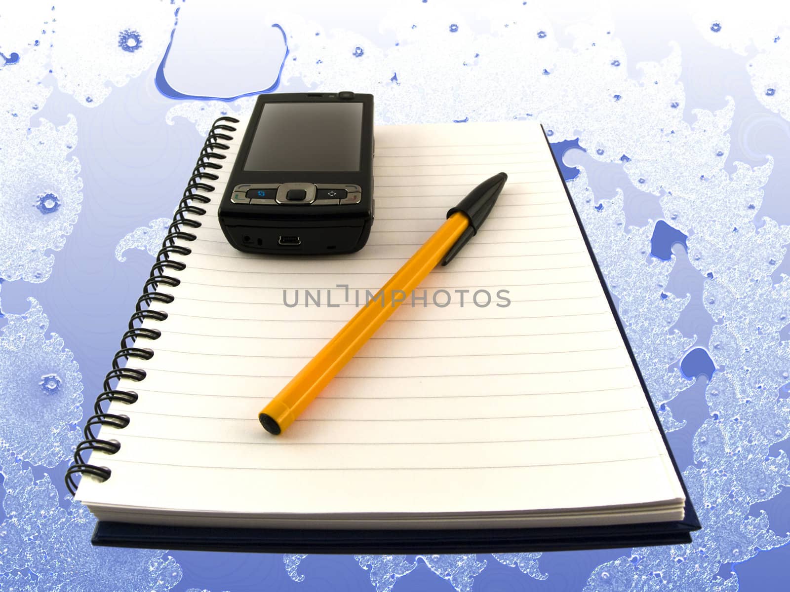 Mobile Phone and Biro Ballpoint Pen on Notepad over Blue Fractal Cool Light Background