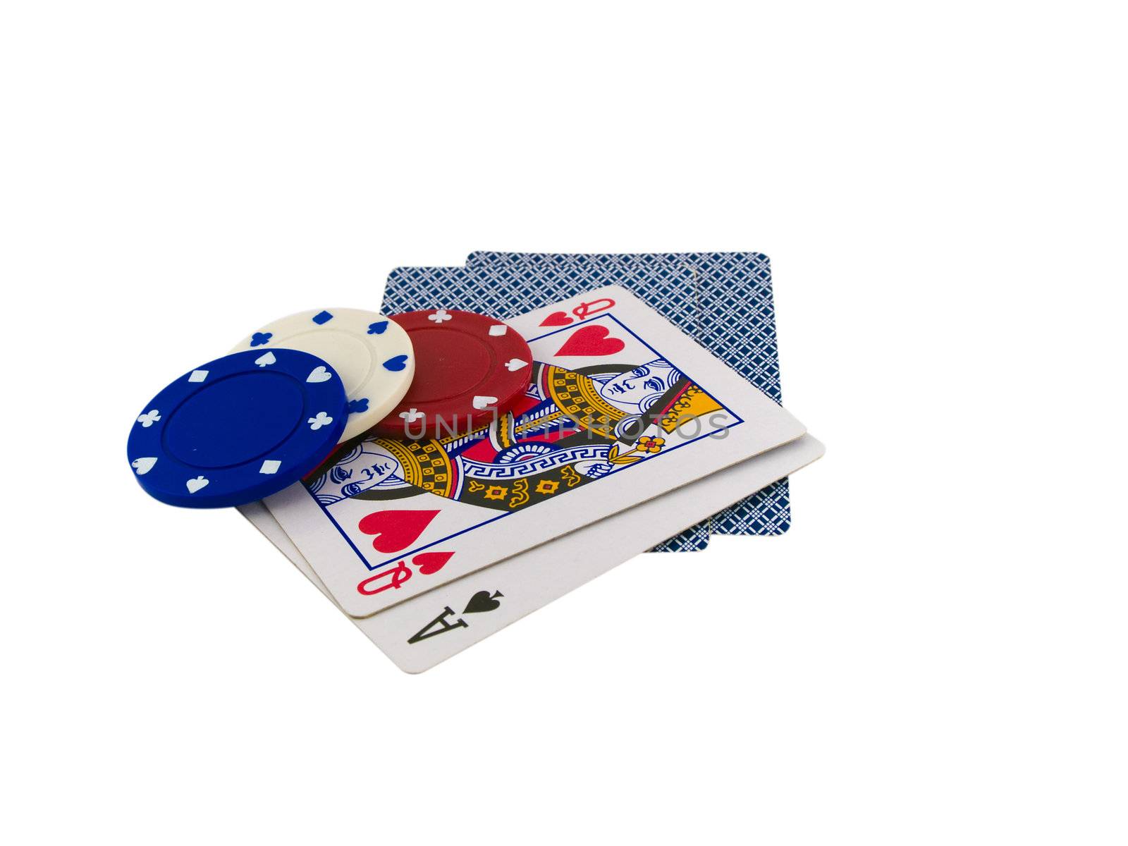 Playing Cards Queen and Ace with Poker Chips on White Background by bobbigmac