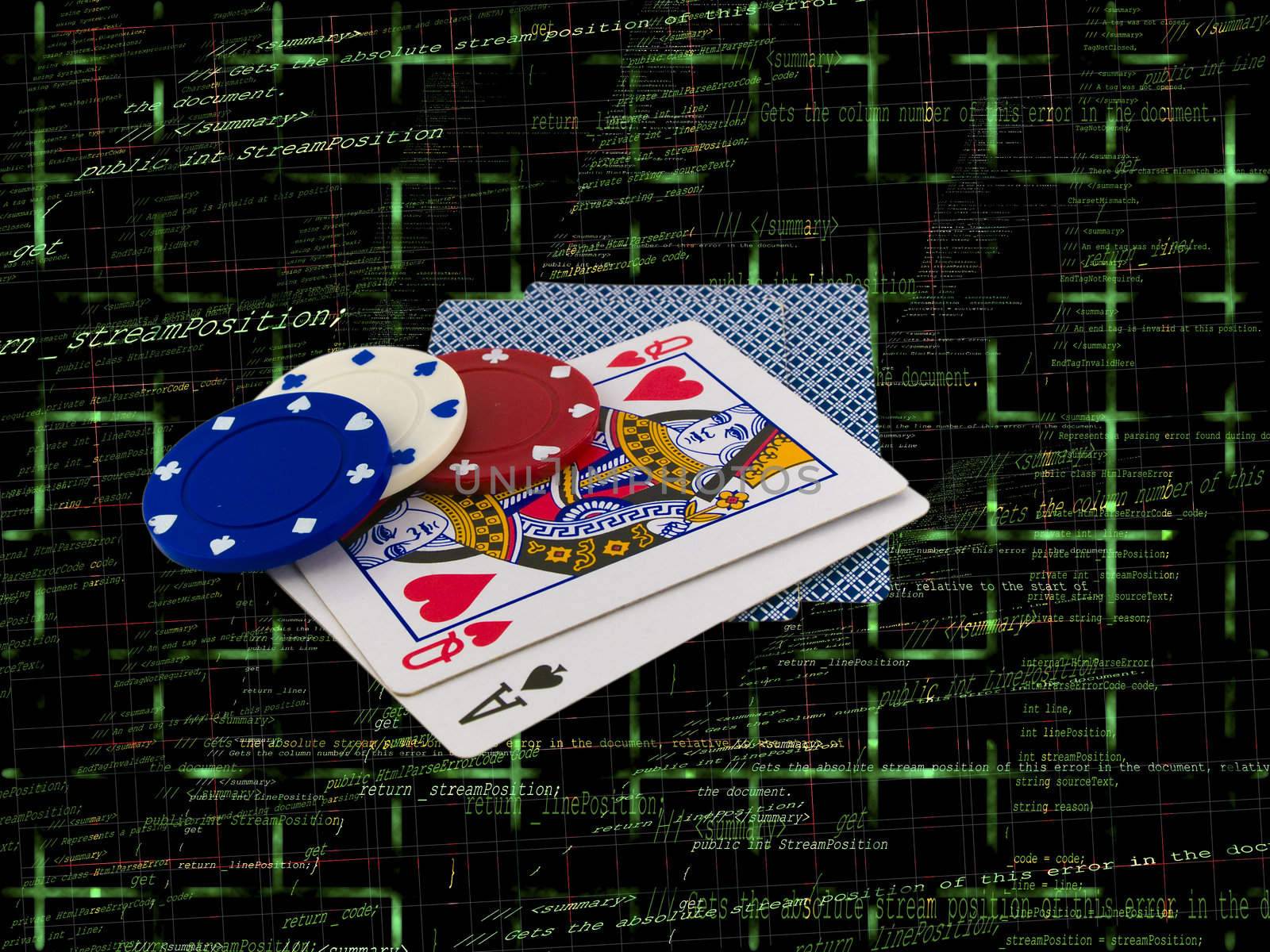 Playing Cards Queen and Ace with Poker Chips over Programming Source Code