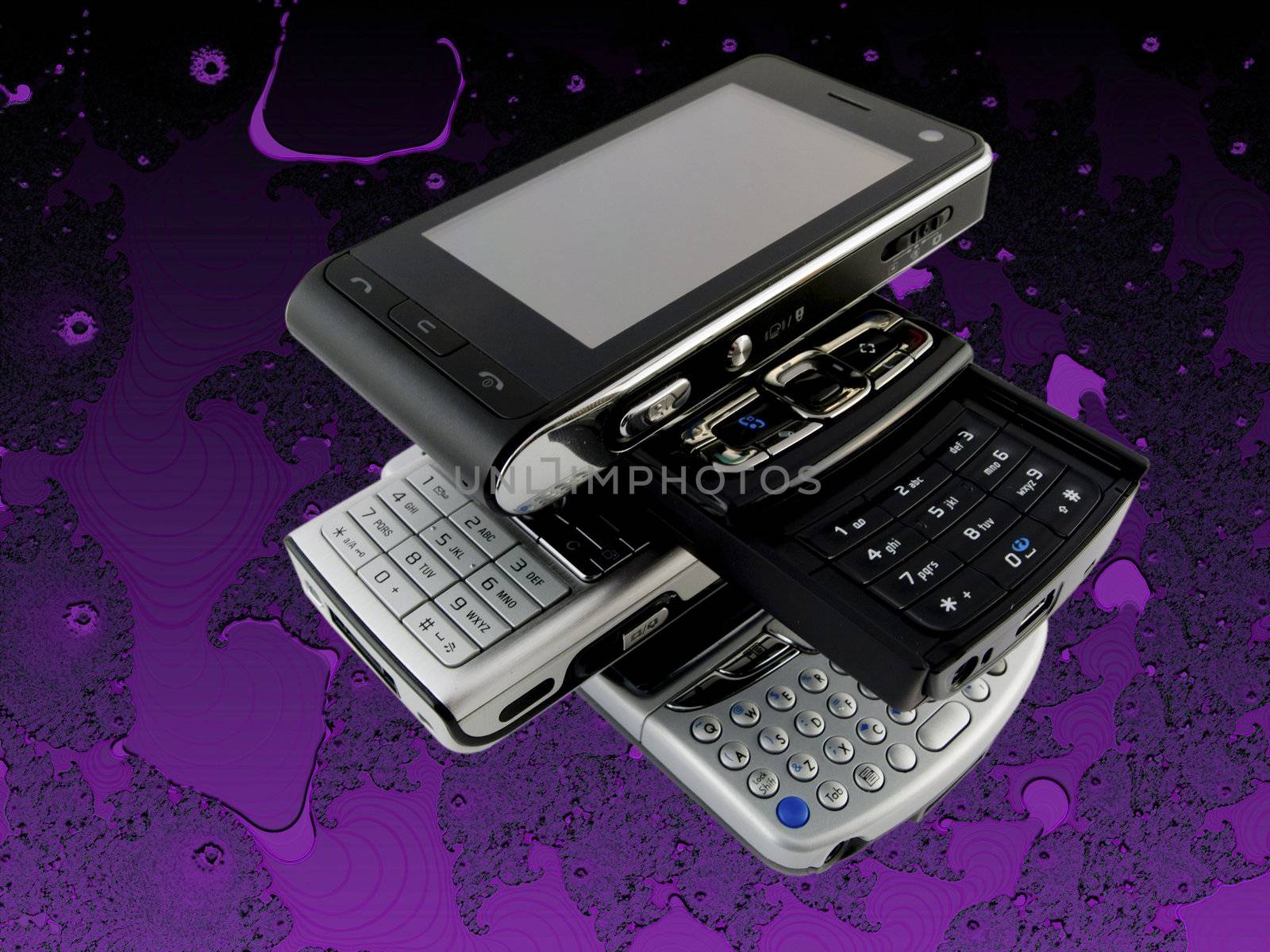 Stack of Several Modern Mobile Phones on Purple Bright Fractal B by bobbigmac