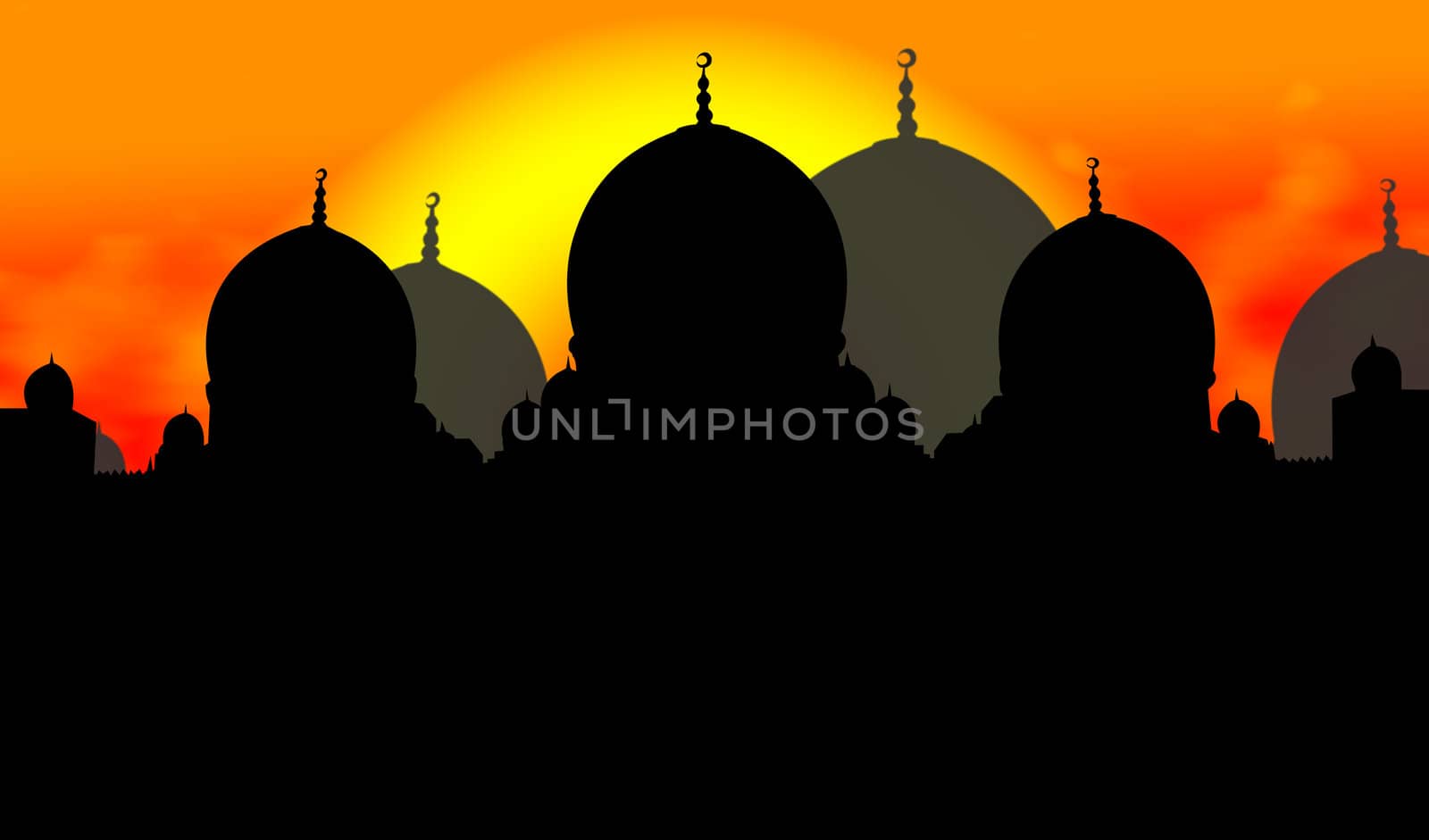 Mosque Silhouette Illustration With Sun Background by bobbigmac