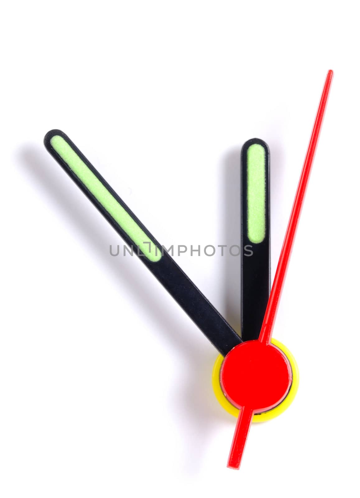 Close up of the hands of a clock, isolated on white, with the hands at five to midnight.