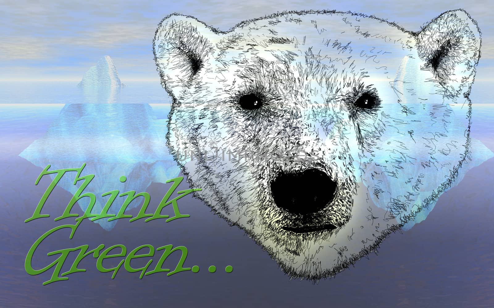 Head of Polar Bear Illustration with Think Green Text by bobbigmac