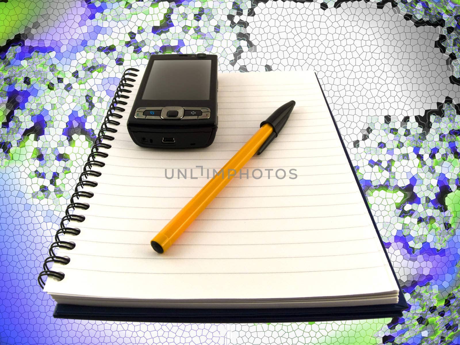 Mobile Phone and Biro Ballpoint Pen on Notepad on Digital Globe Effect Background
