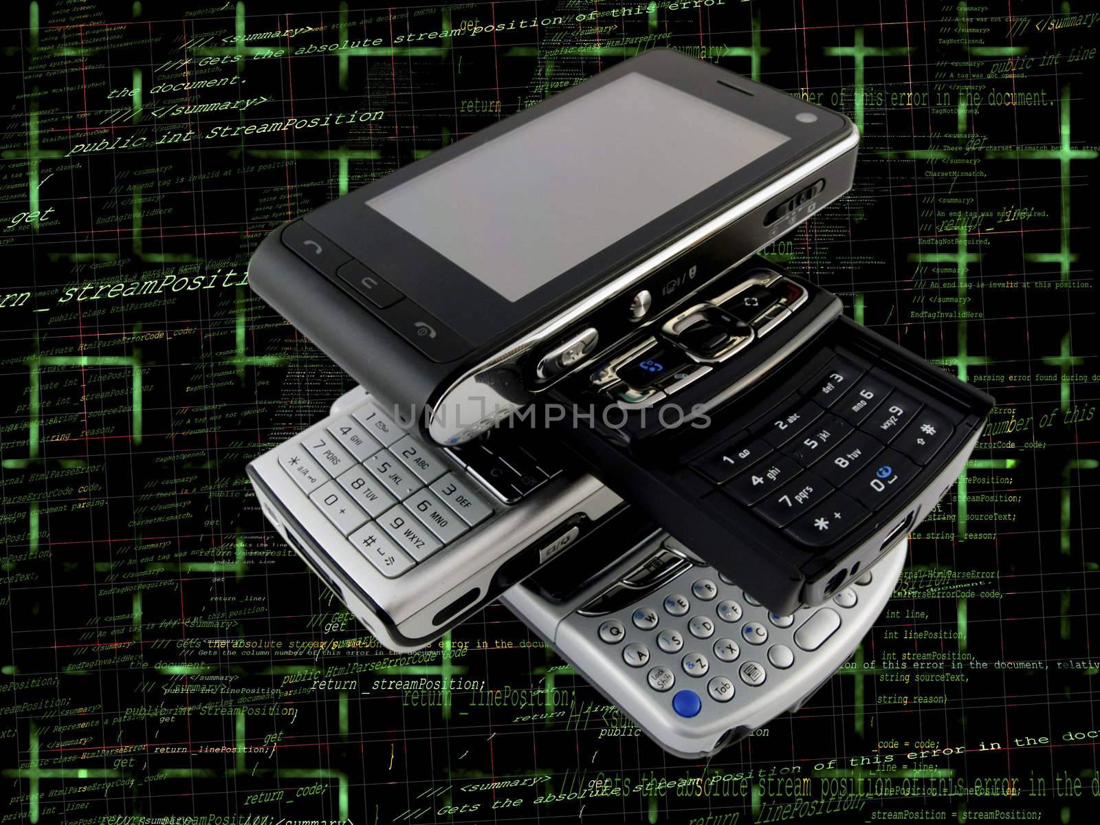 Stack of Several Modern Mobile Phones with Programming Code Background