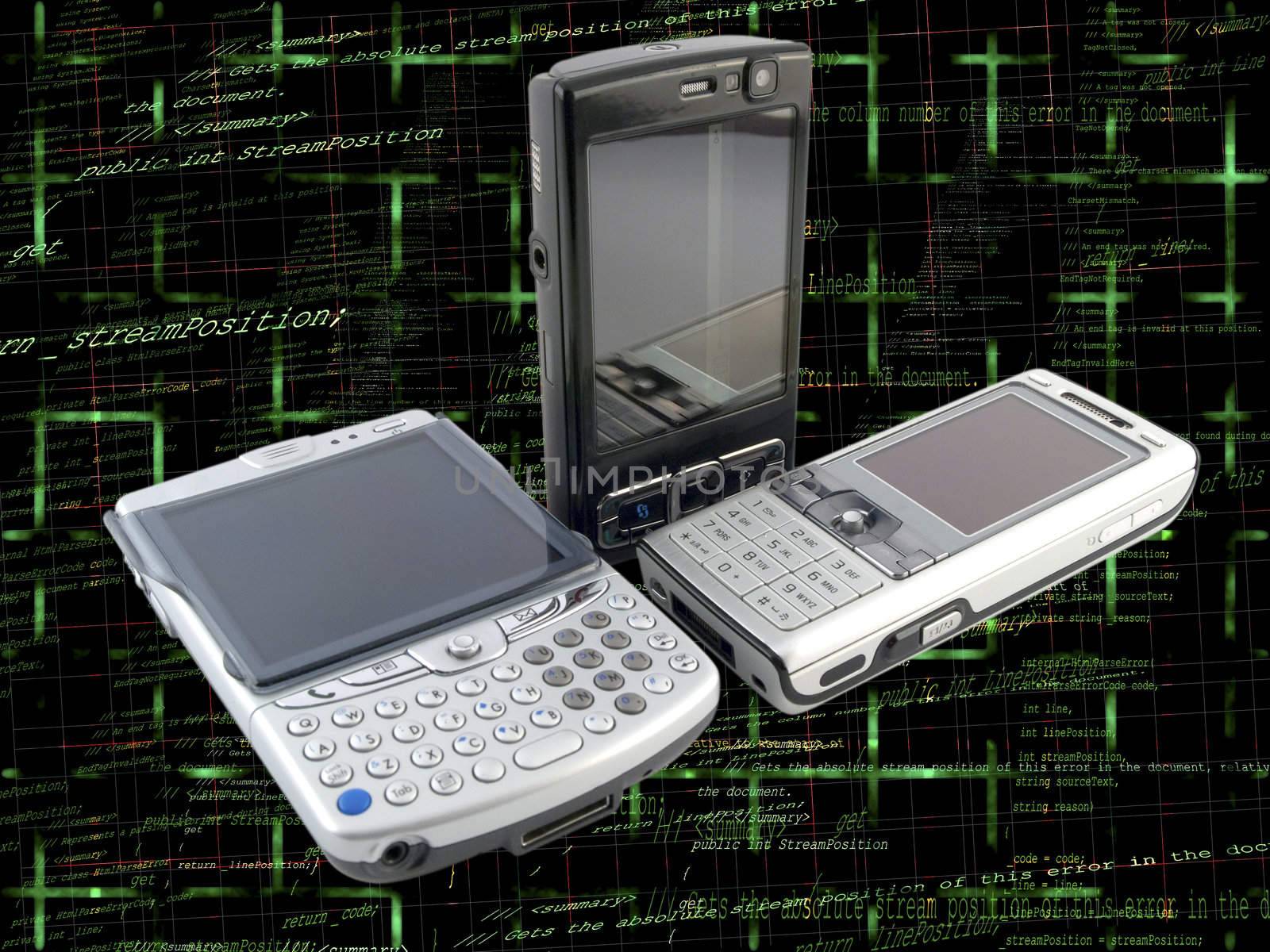 Stack of Several Modern Mobile Phones with Programming Code Back by bobbigmac
