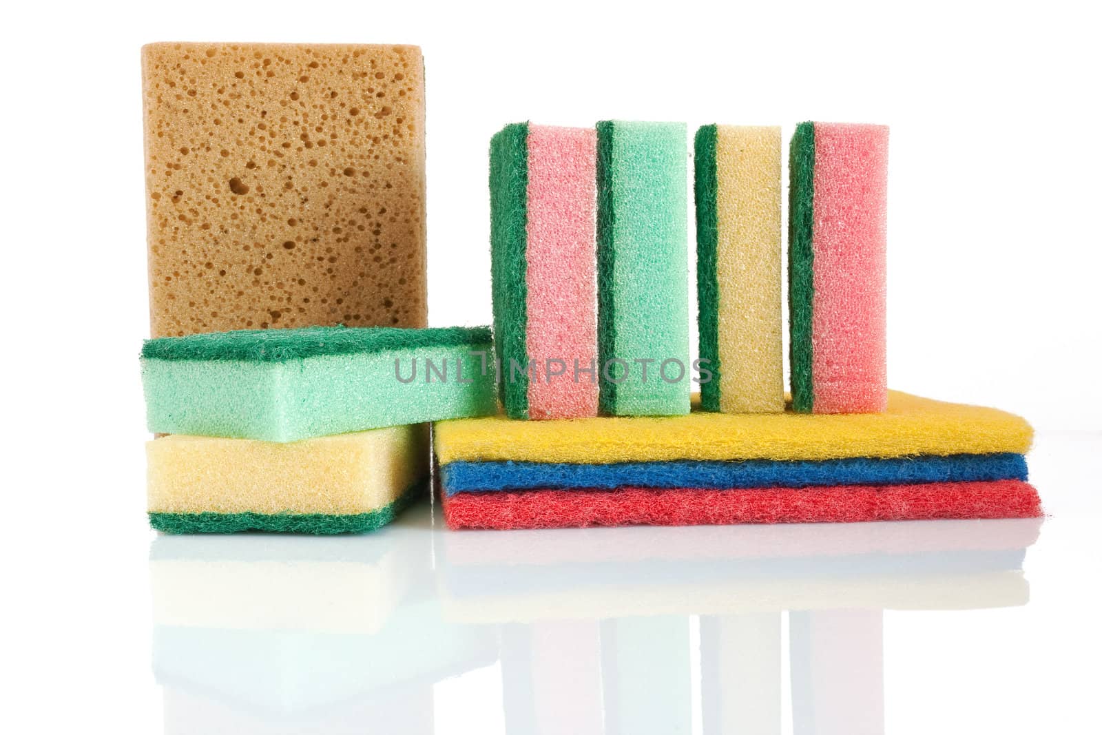 set of sponges used for home cleaning isolated on white background with clipping path