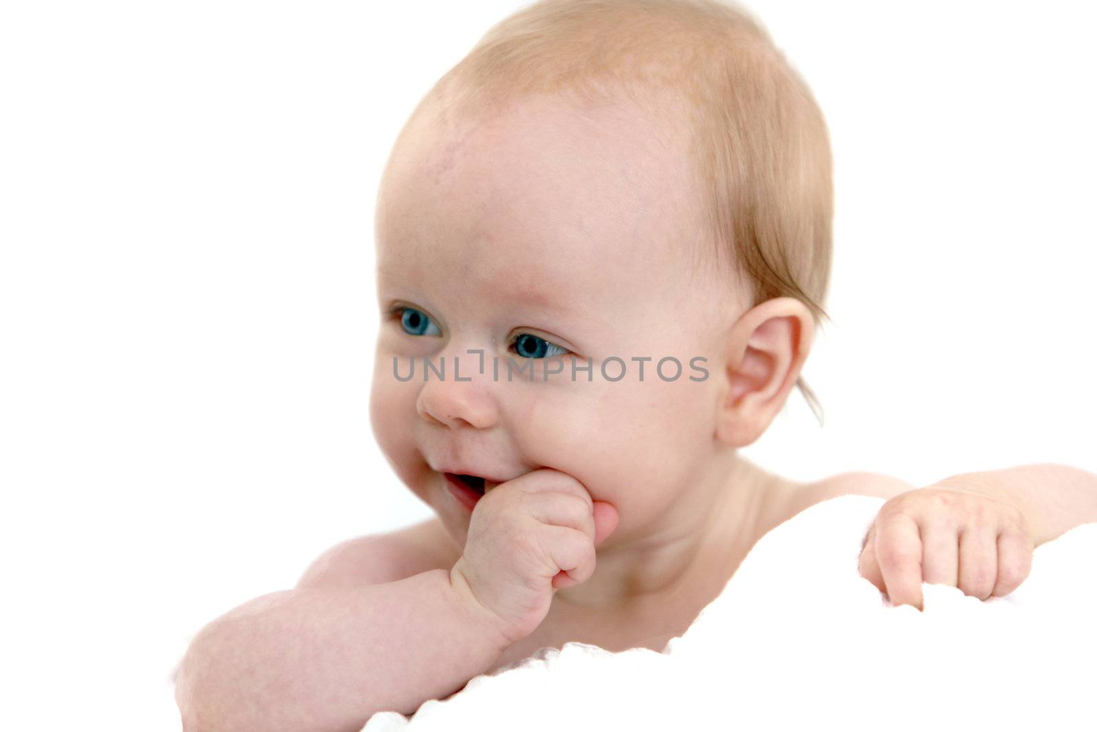 funny baby with blue eye s- Copy for Space