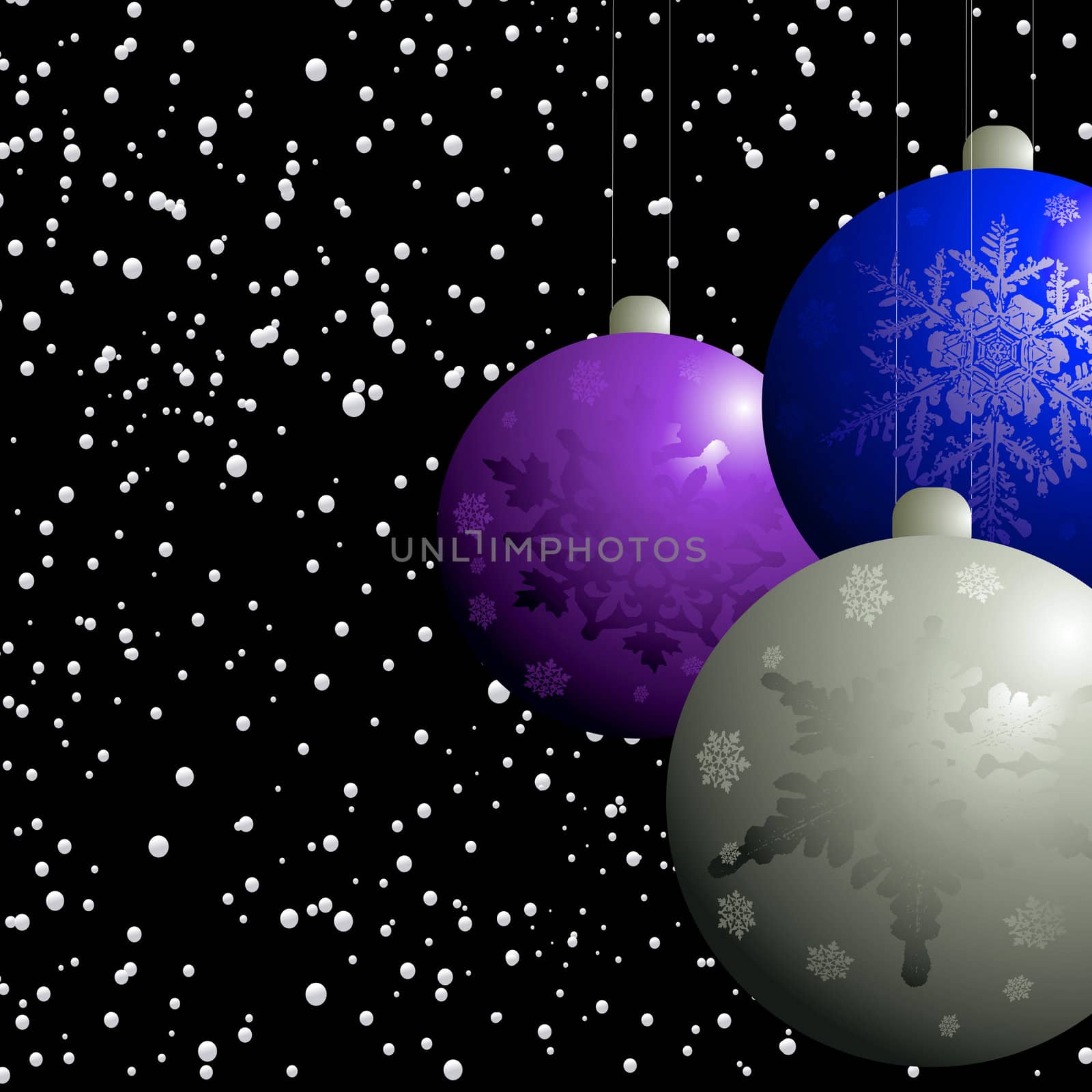 christmas decorations in a snow storm on a black winters background