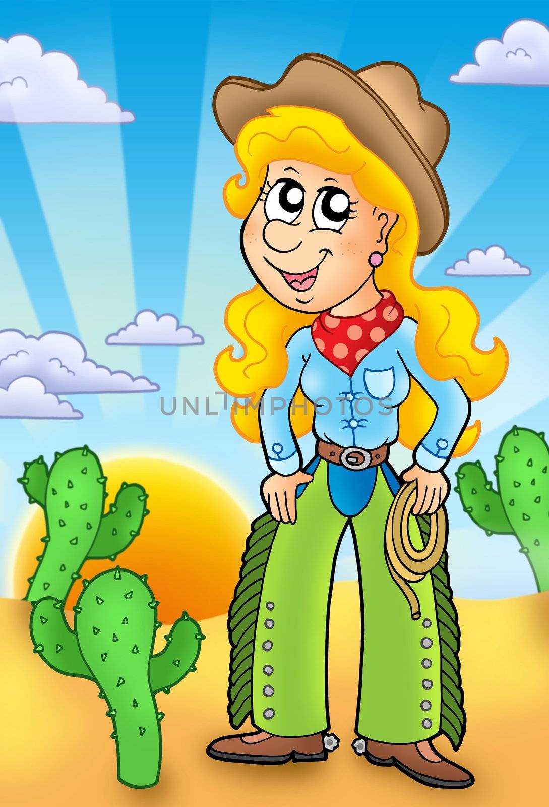 Country girl with sunset - color illustration.
