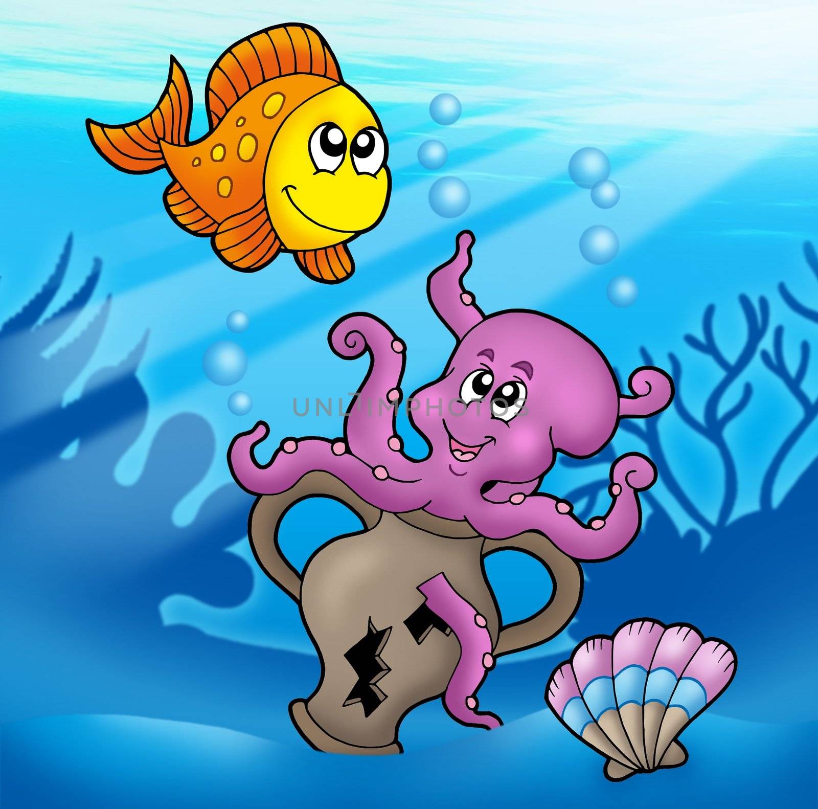 Cute octopus and orange fish - color illustration.