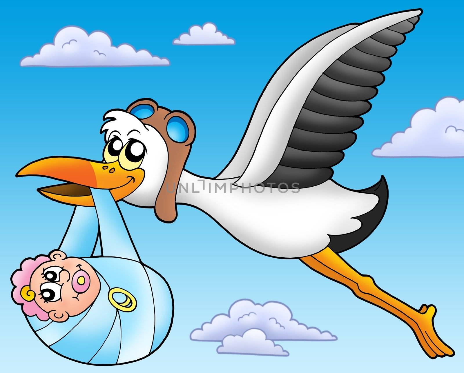Flying stork with baby - color illustration.