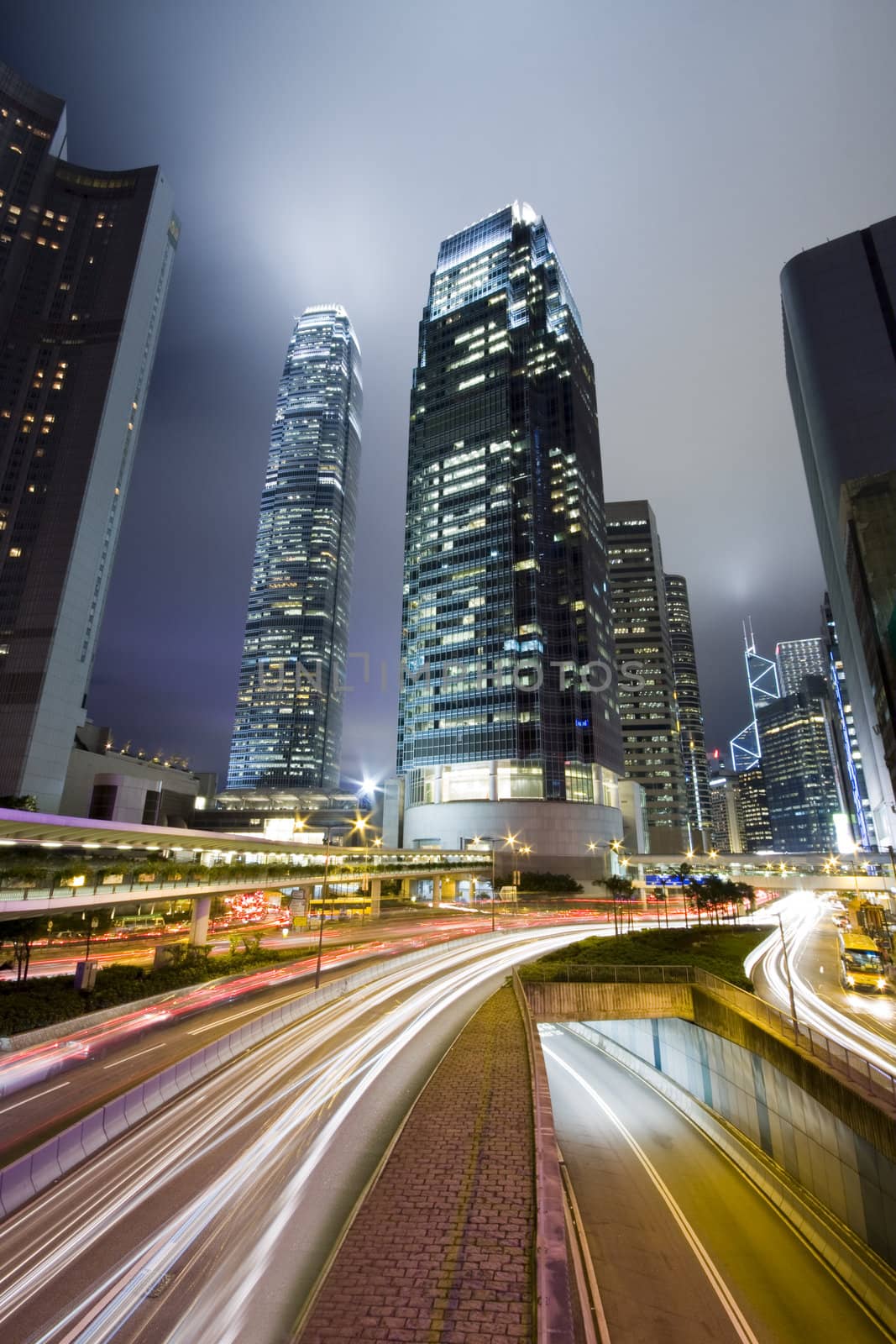 Hong Kong at night with highrise buildings
