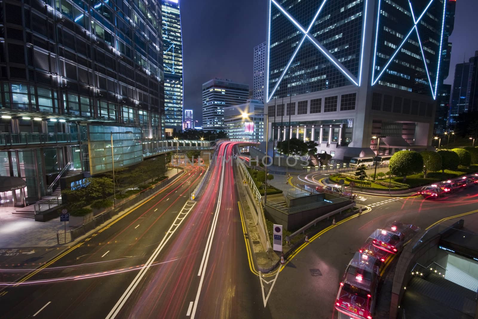 Hong Kong at night with highrise buildings