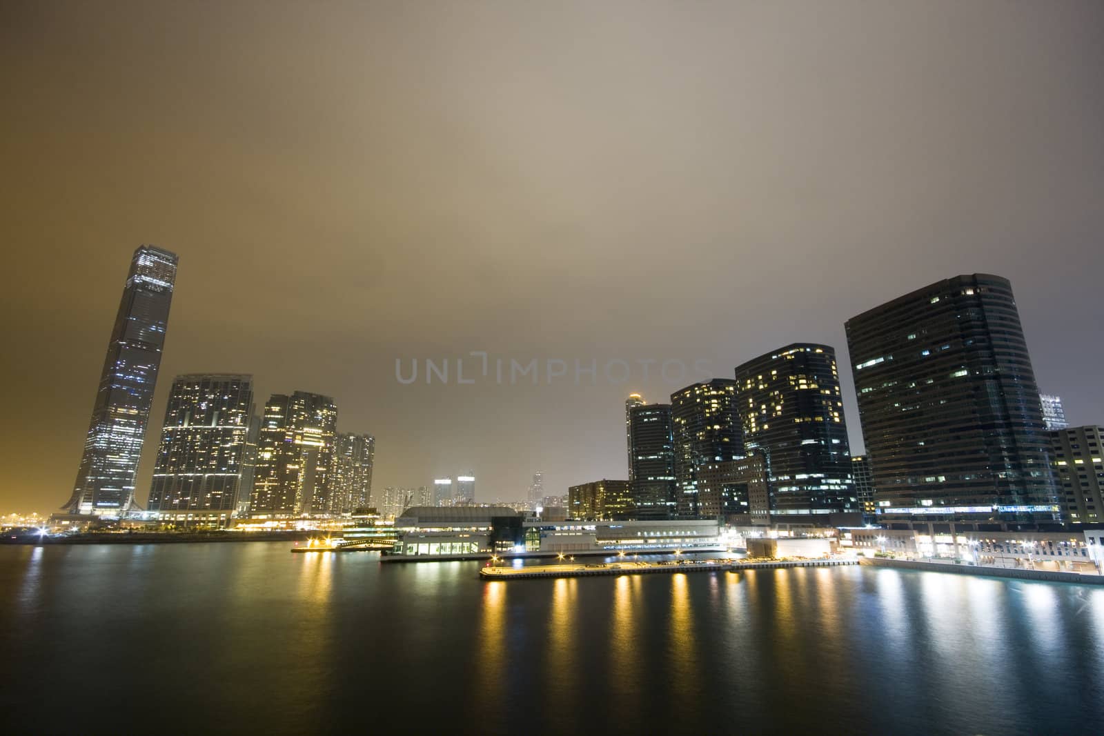 Hong Kong at night with highrise buildings
