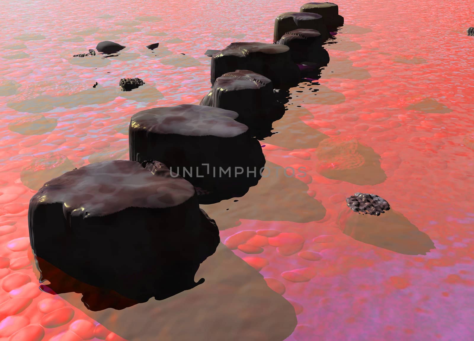 Row of Stepping Stones in a Red Ocean River Scene