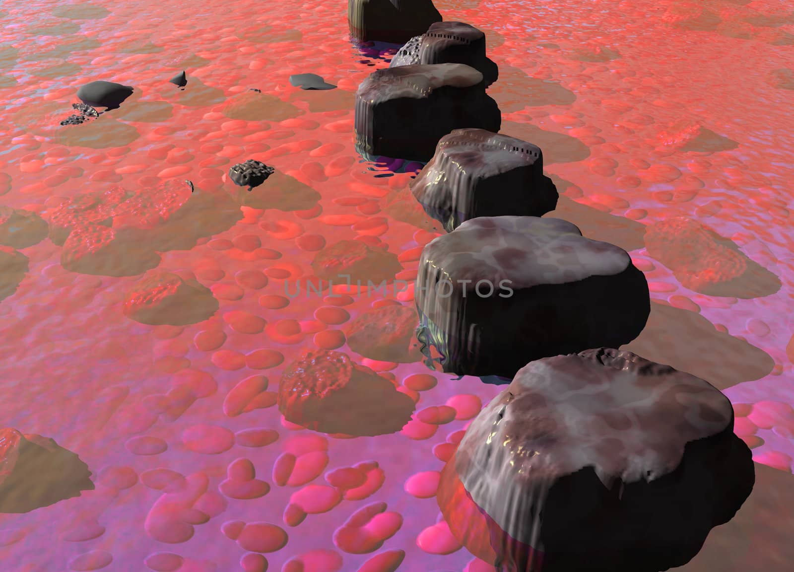 Row of Stepping Stones in a Red Ocean River Scene by bobbigmac