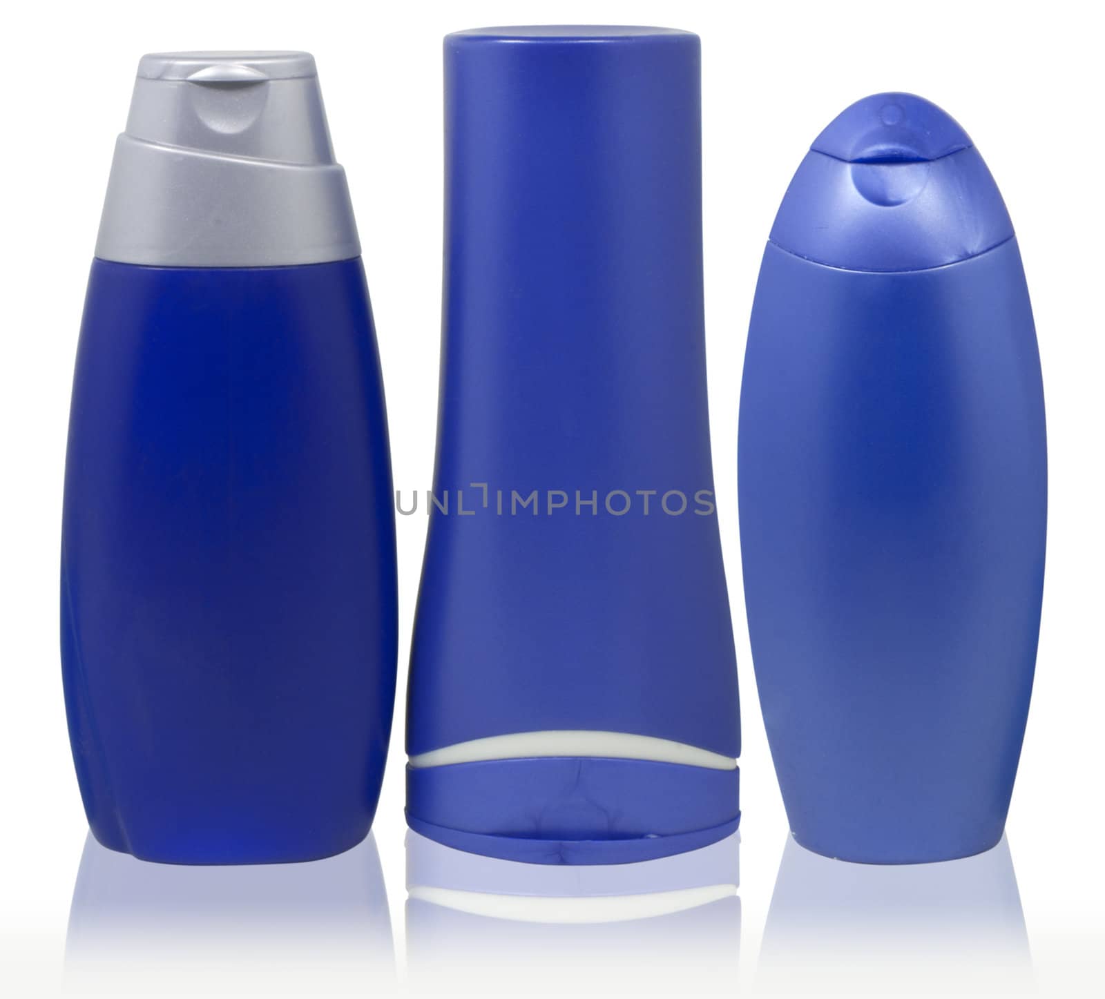 set of different blue cosmetic bottles isolated over white with clipping path