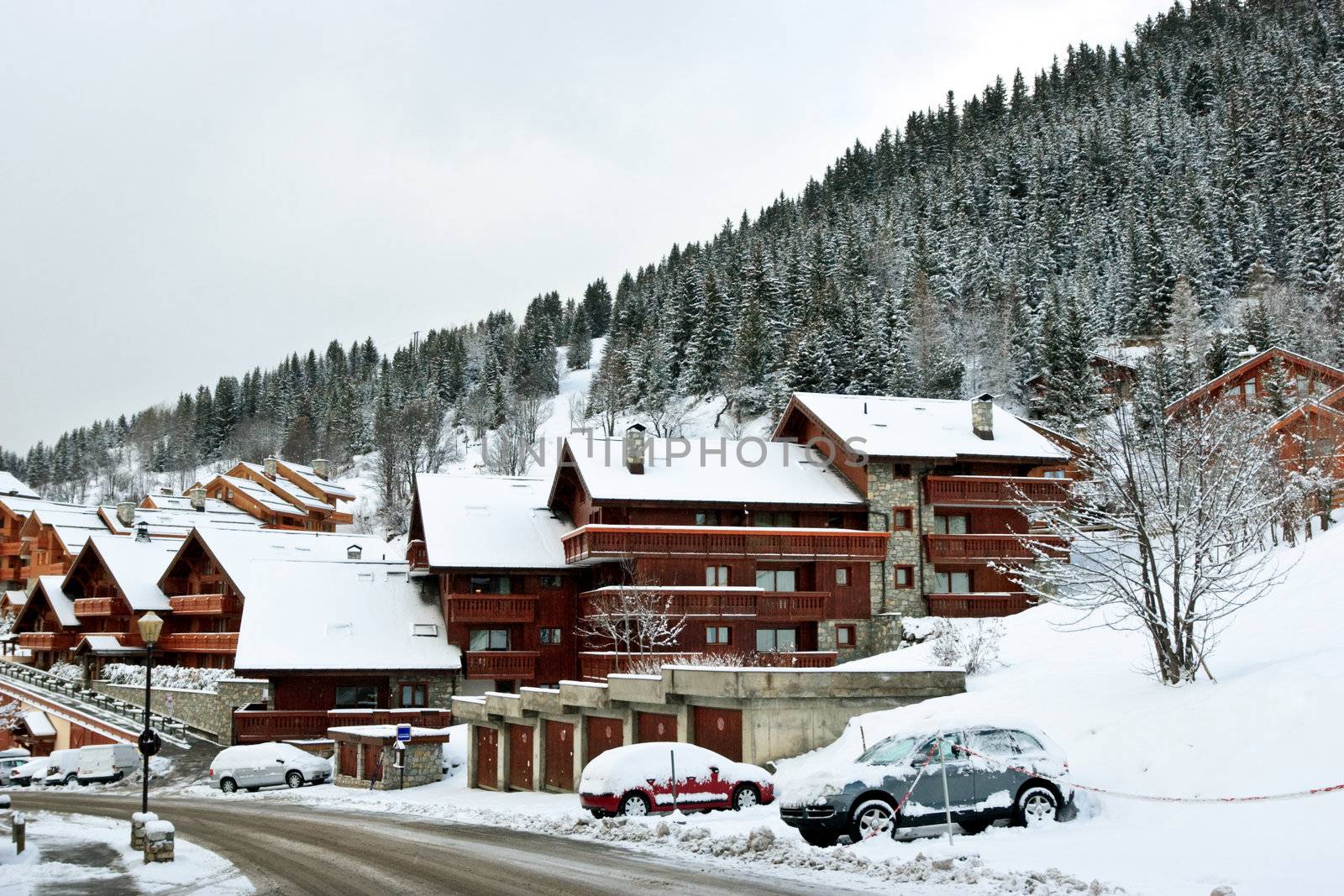 Ski resort after snow storm, Meribel, Trois Vallees, France