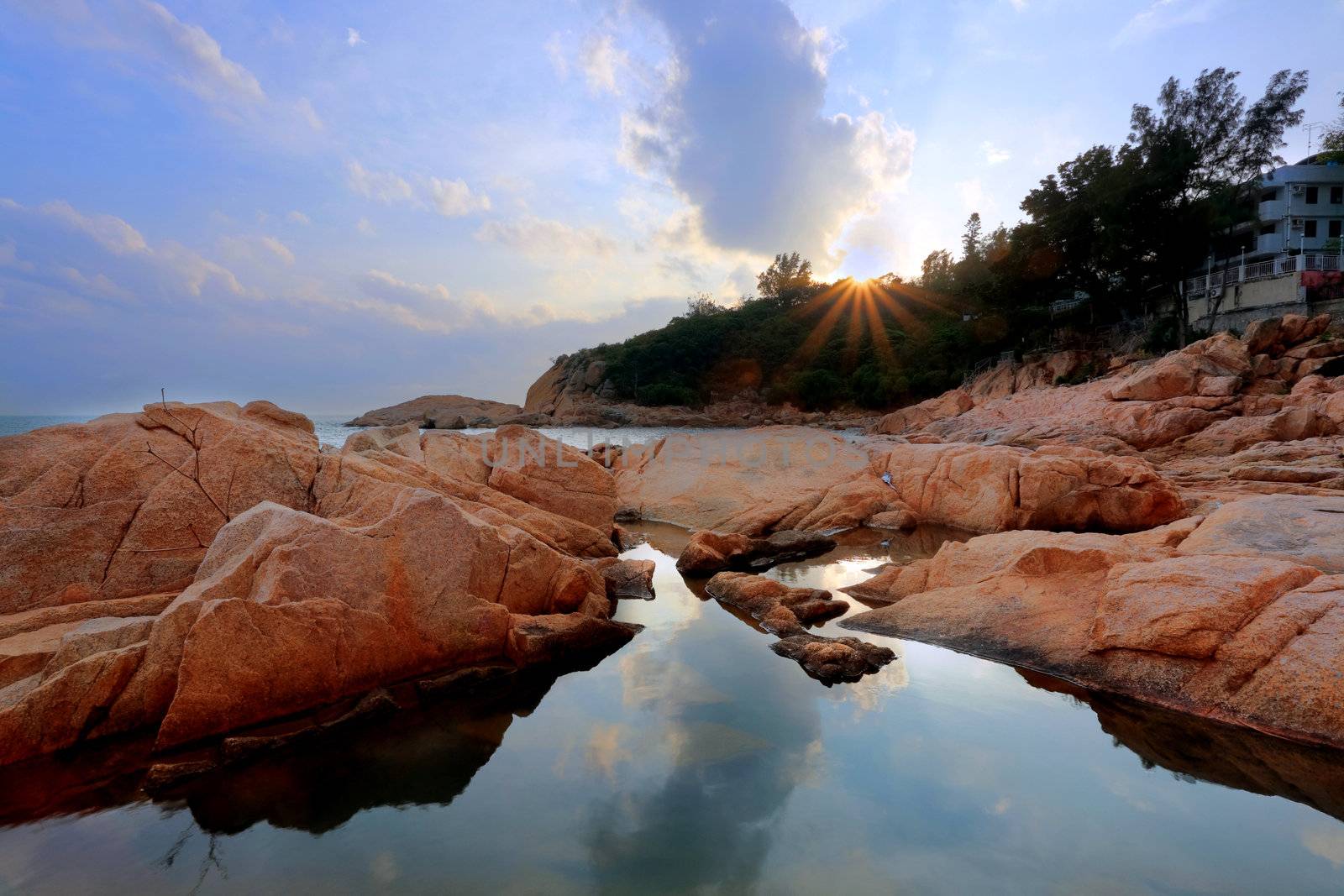 sunset on coast, in Cheung Chau, Hong Kong, by leungchopan