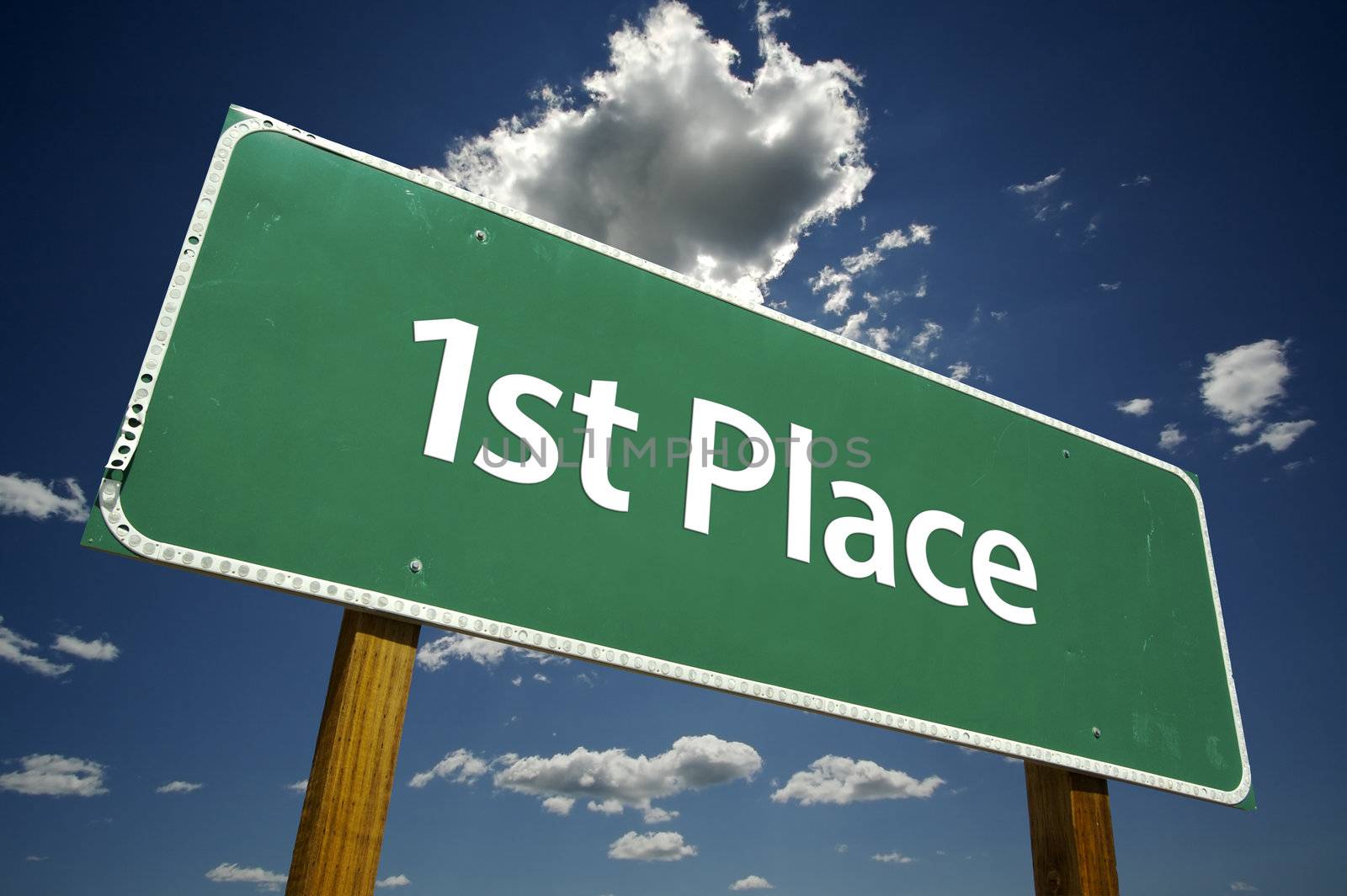 1st Place Road Sign with dramatic clouds and sky.