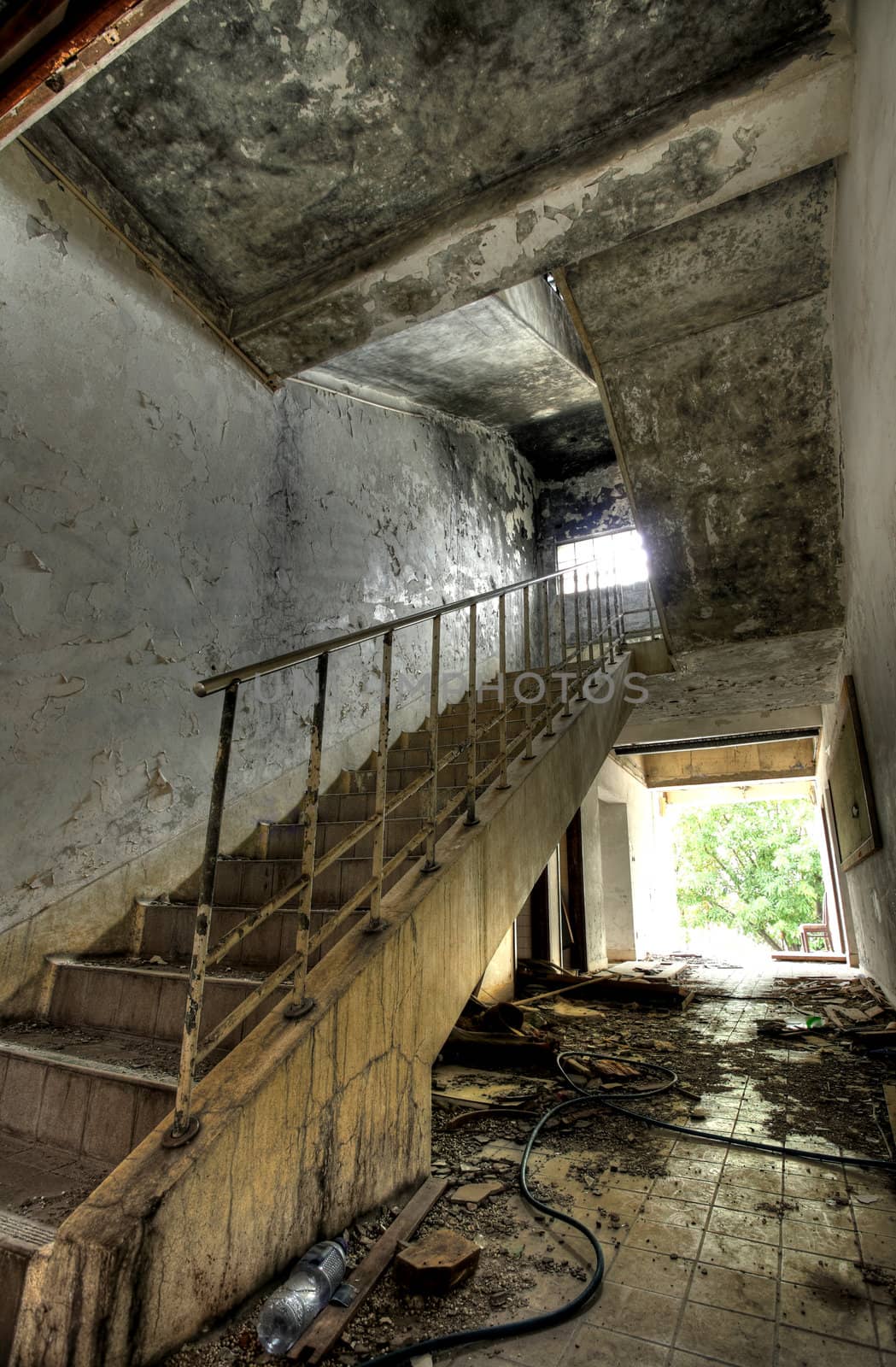 discarded building, stair