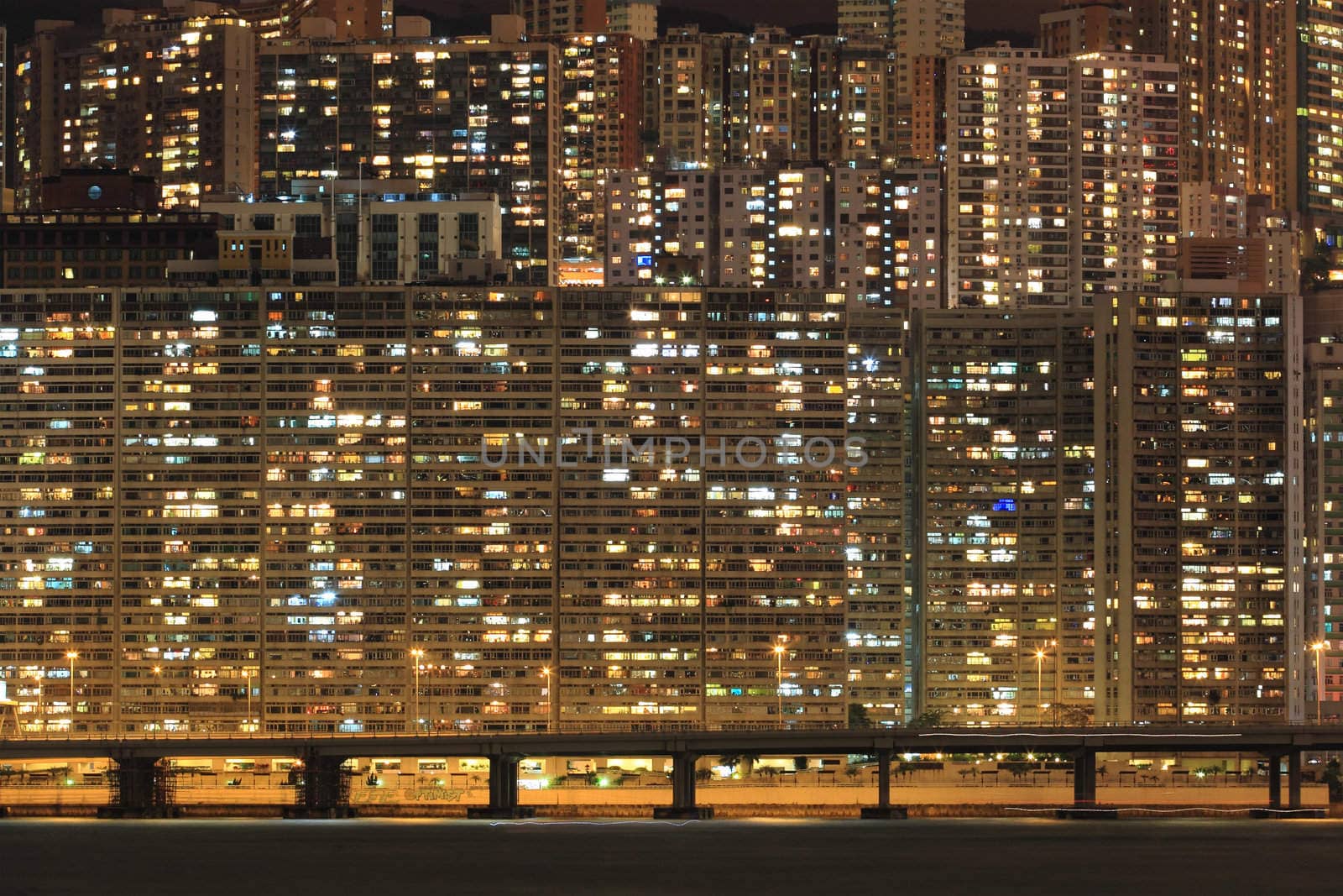Apartment block at night, Hong, Kong