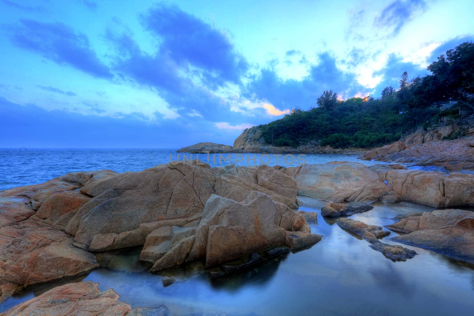 sunset time on coast, in Cheung Chau, Hong Kong by leungchopan