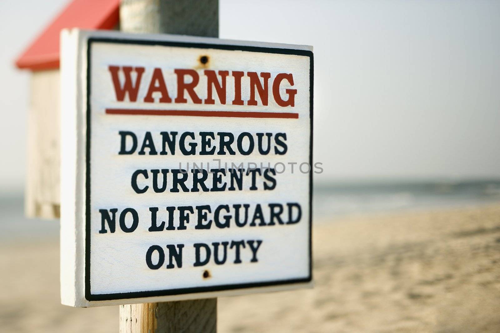 Warning sign on post at the beach with ocean in background.