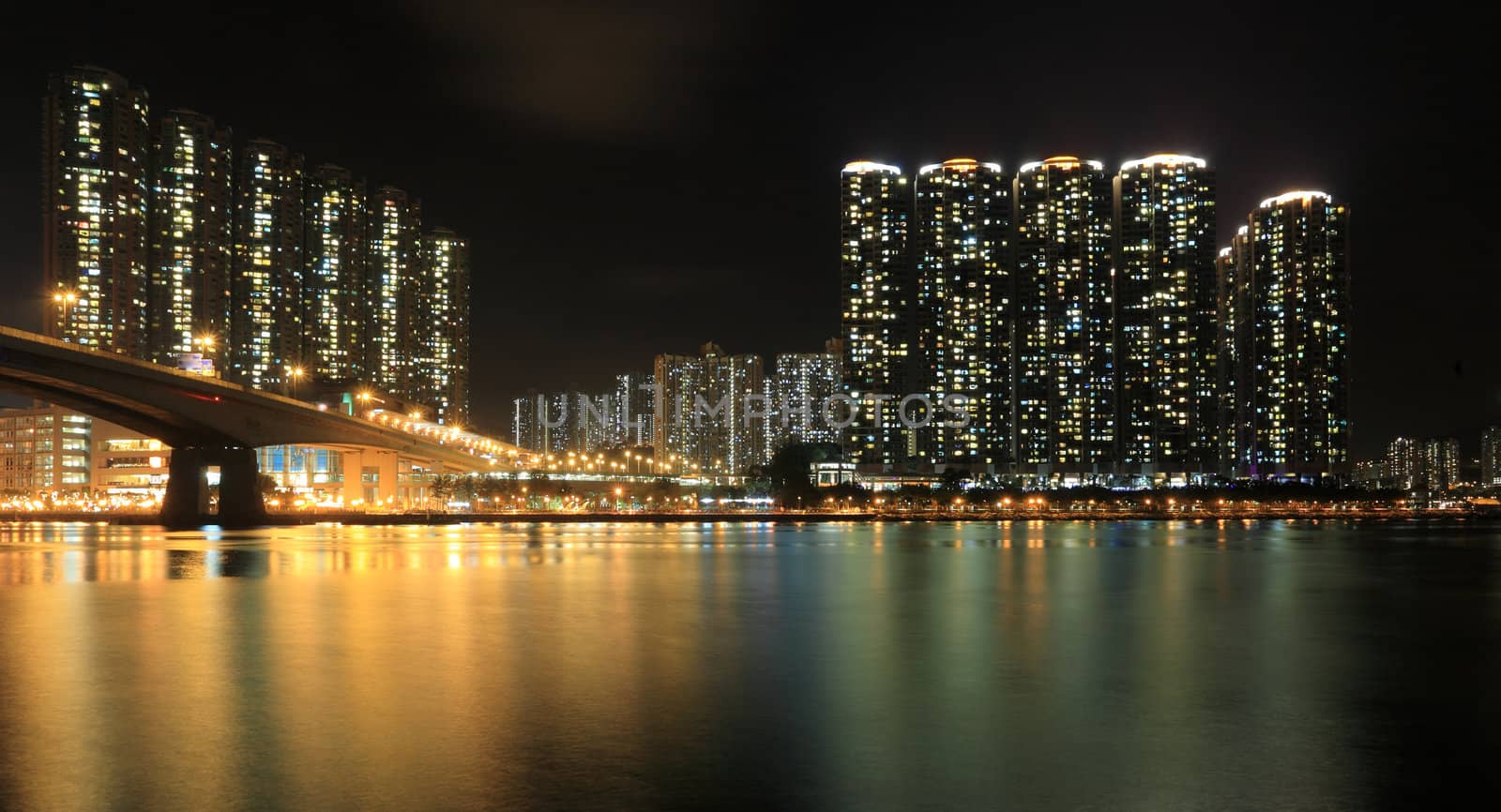 Business Towers and Residential Apartment Buildings in Hong Kong at night