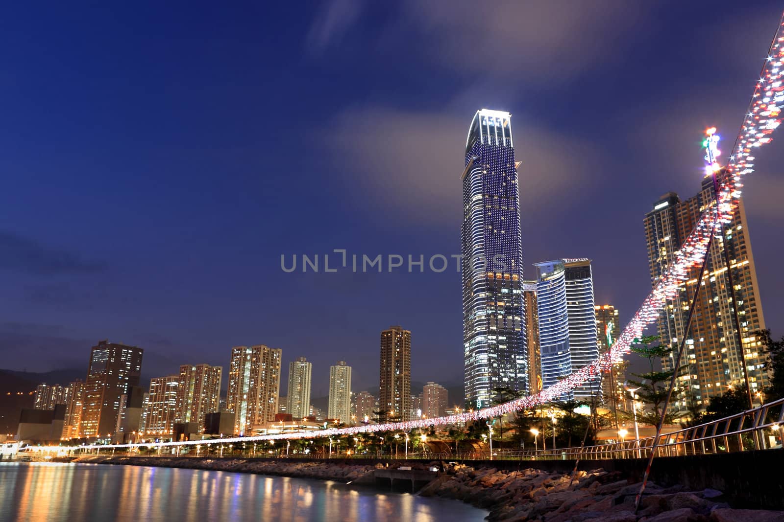 Hong Kong at night with highrise buildings