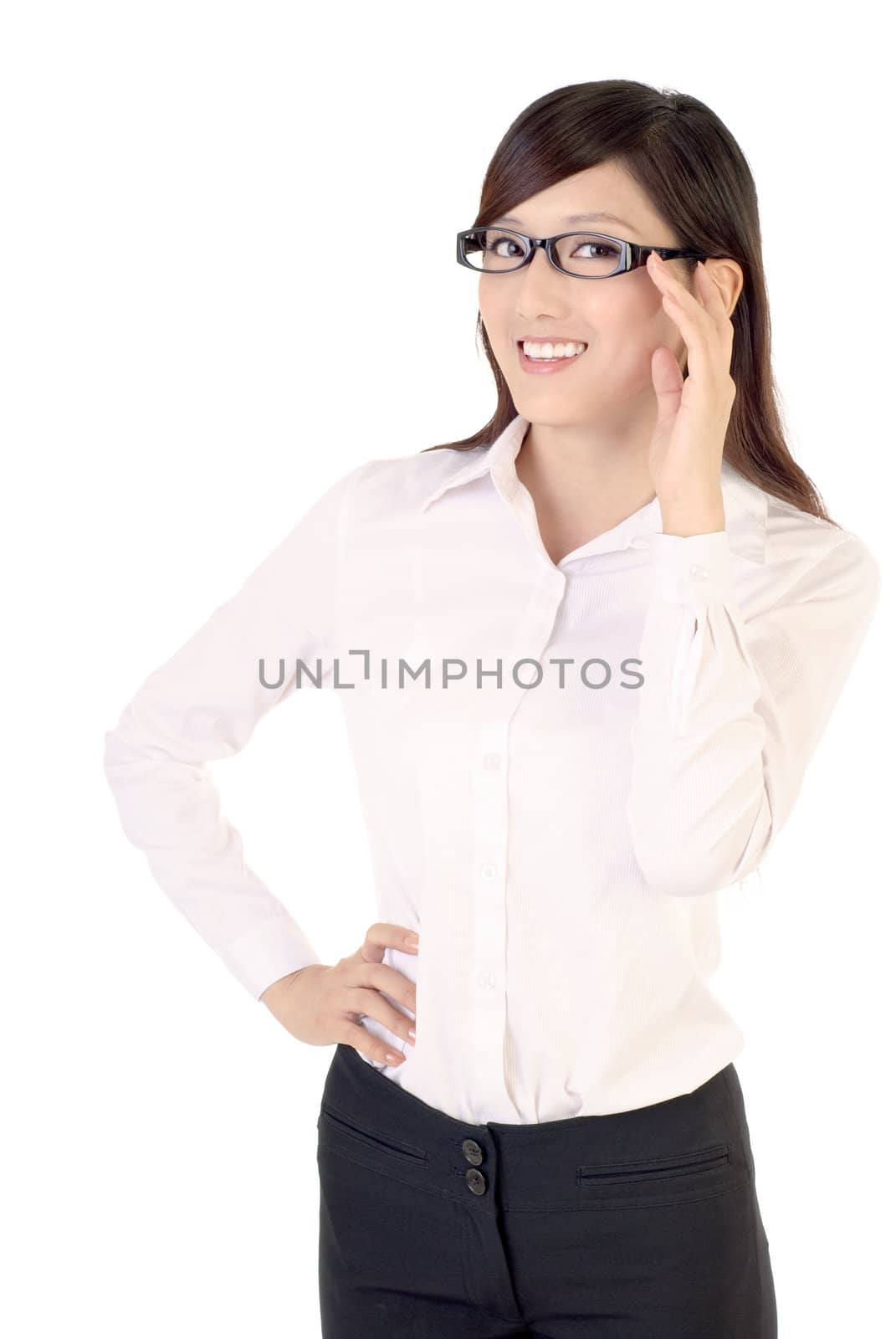 Happy businesswoman of Asian portrait with glass on white background.