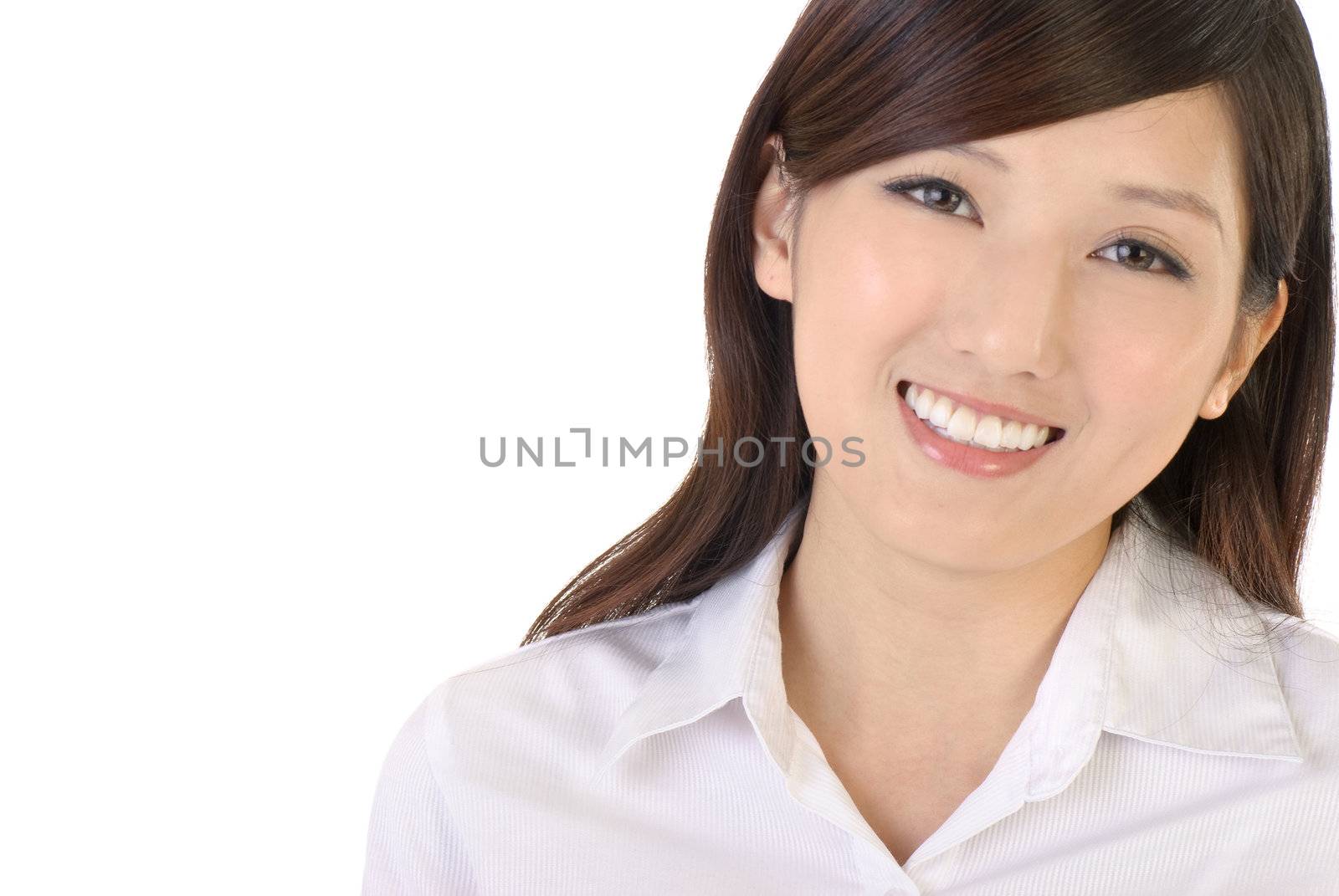 Happy businesswoman of Asian smiling expression portrait on white background.