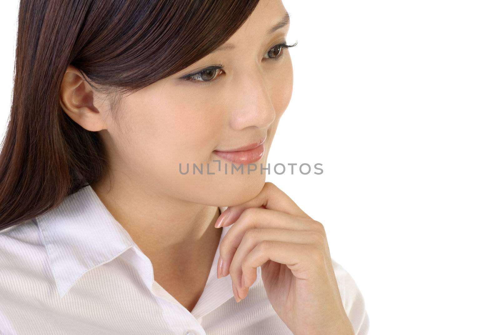 Thinking expression portrait of businesswoman of Asian on white background.