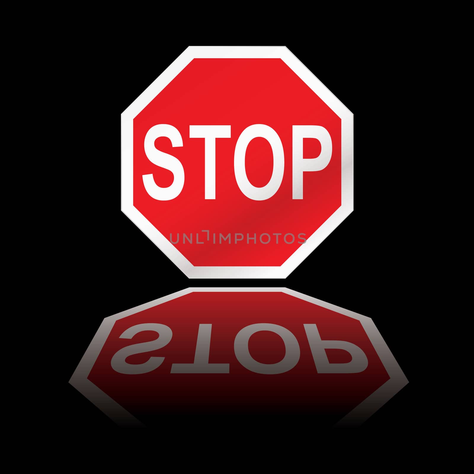 Red stop road sign with black background and reflection