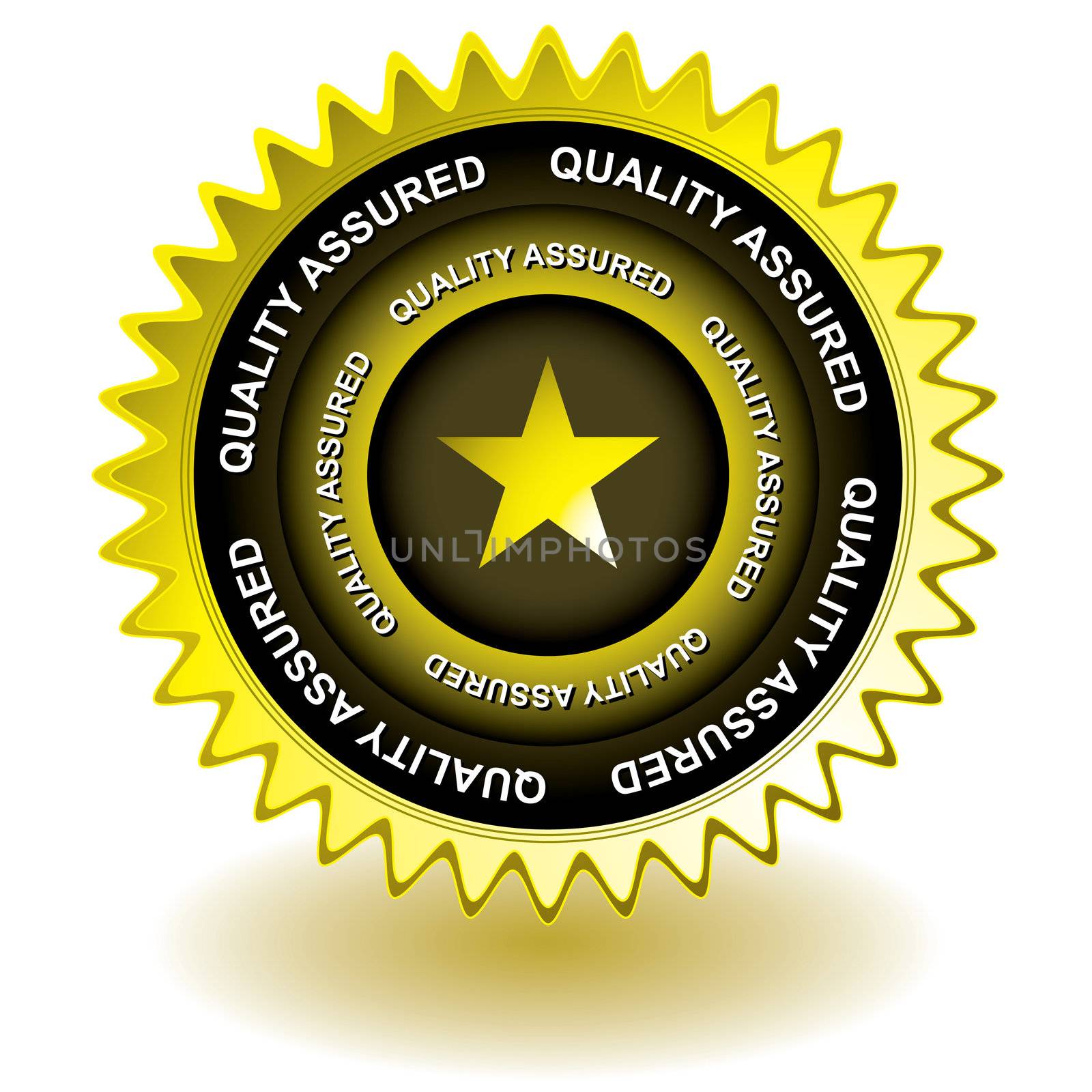 Golden web award or icon with quality assured text and shadow