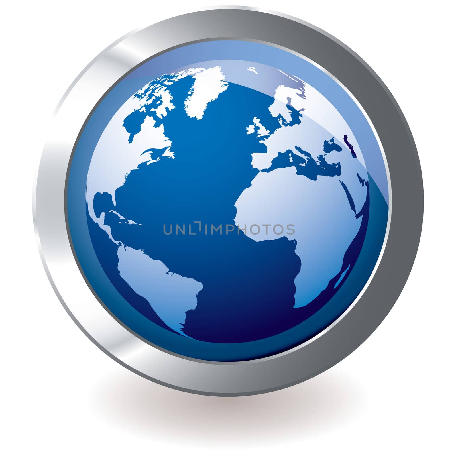 Blue earth globe with silver metal icon and drop shadow
