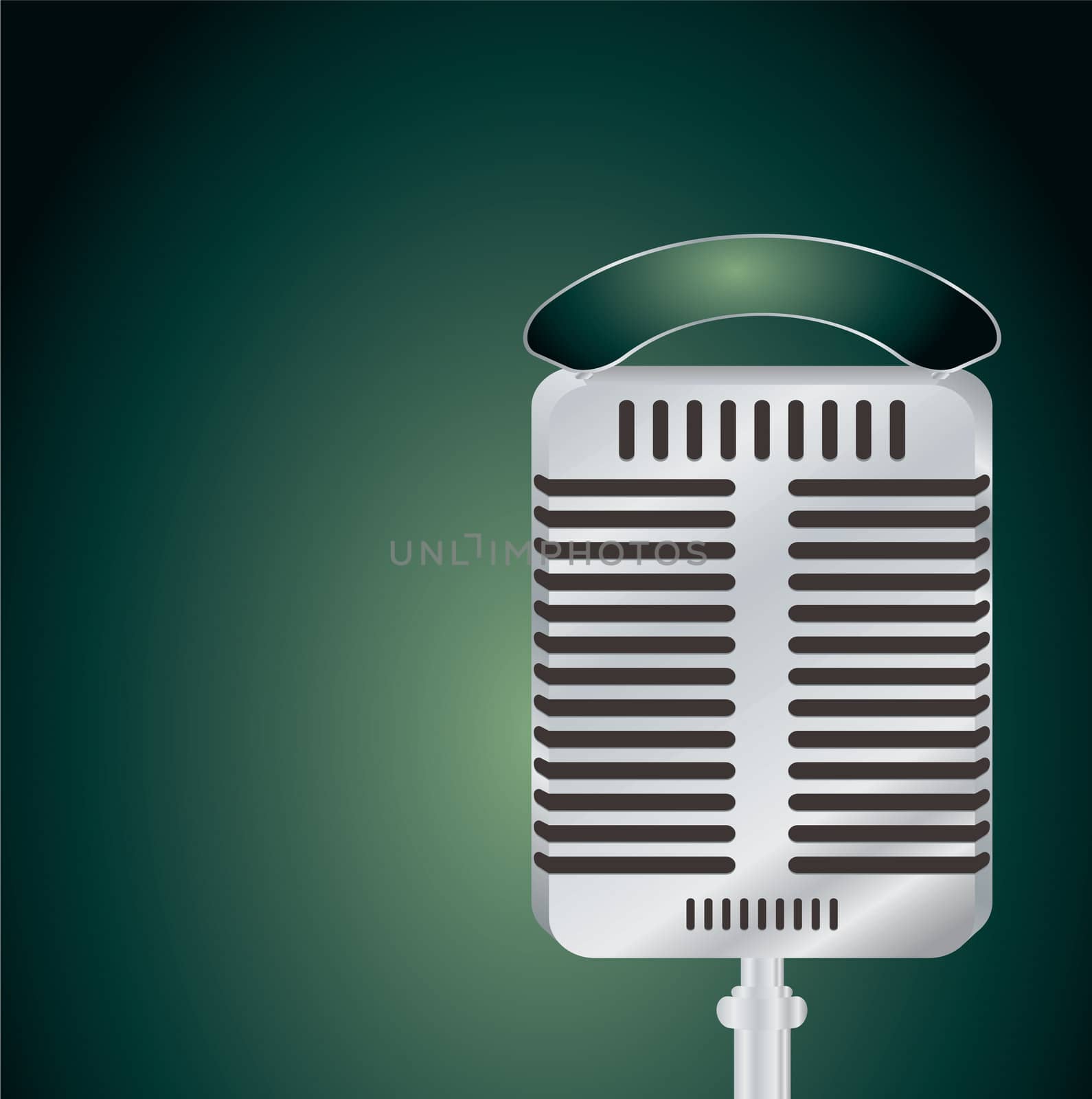 Old fashioned microphone on a green and black background