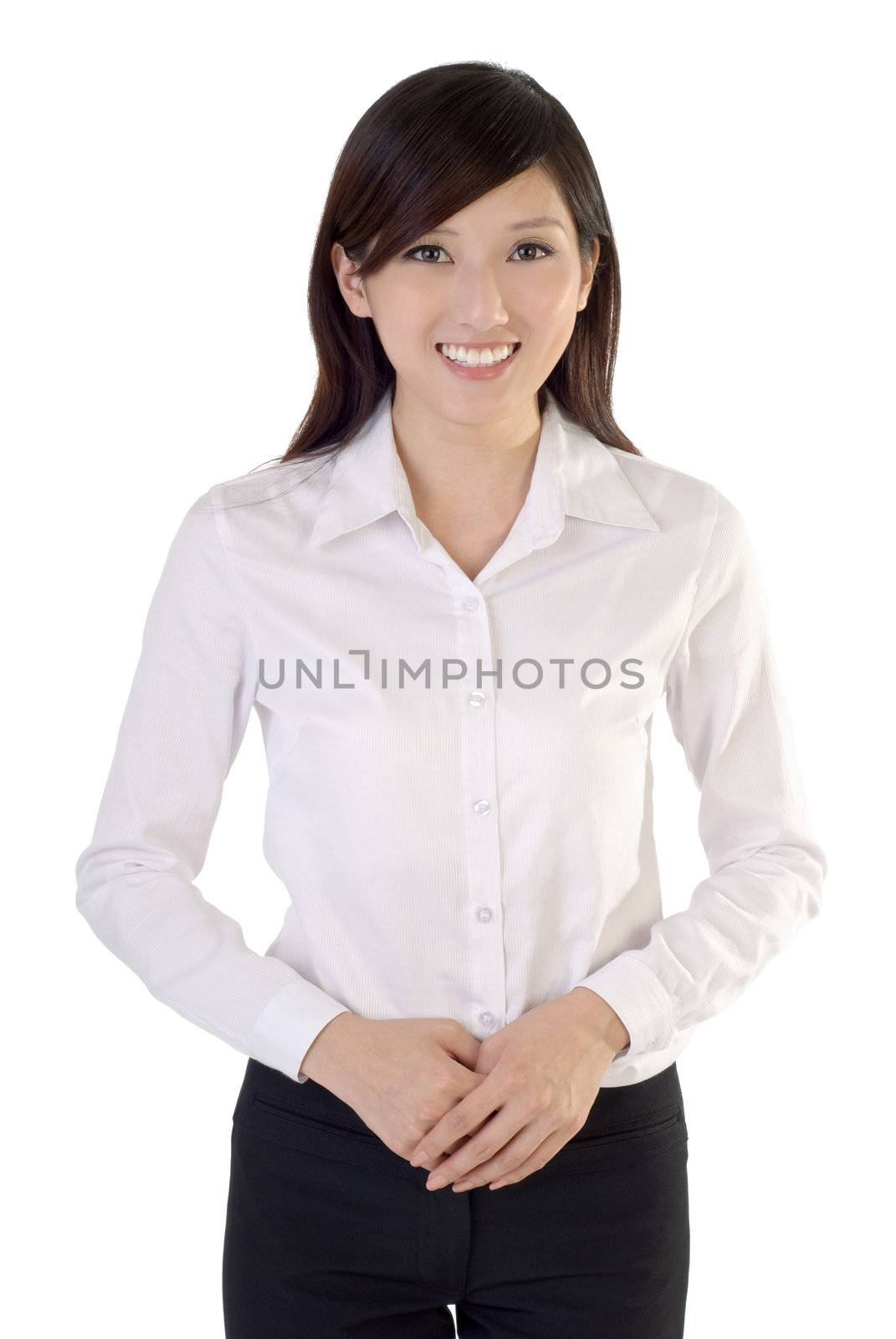 Friendly young business woman portrait on white background.