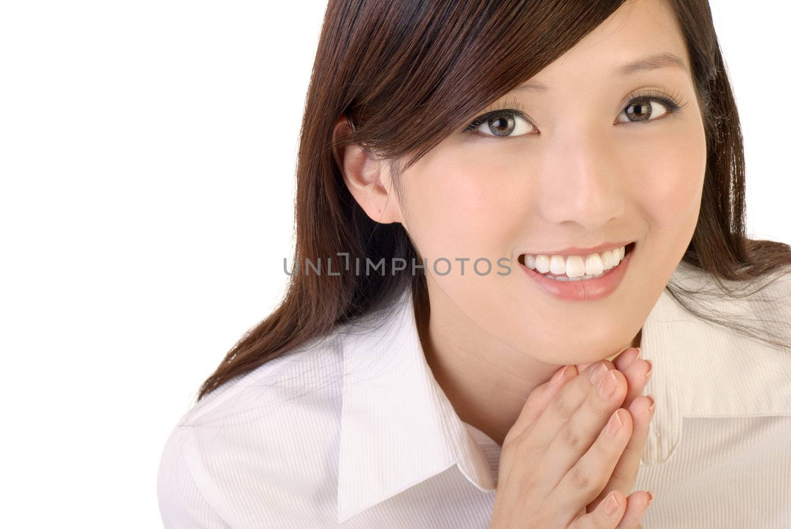 Beautiful Asian business woman portrait on white background.
