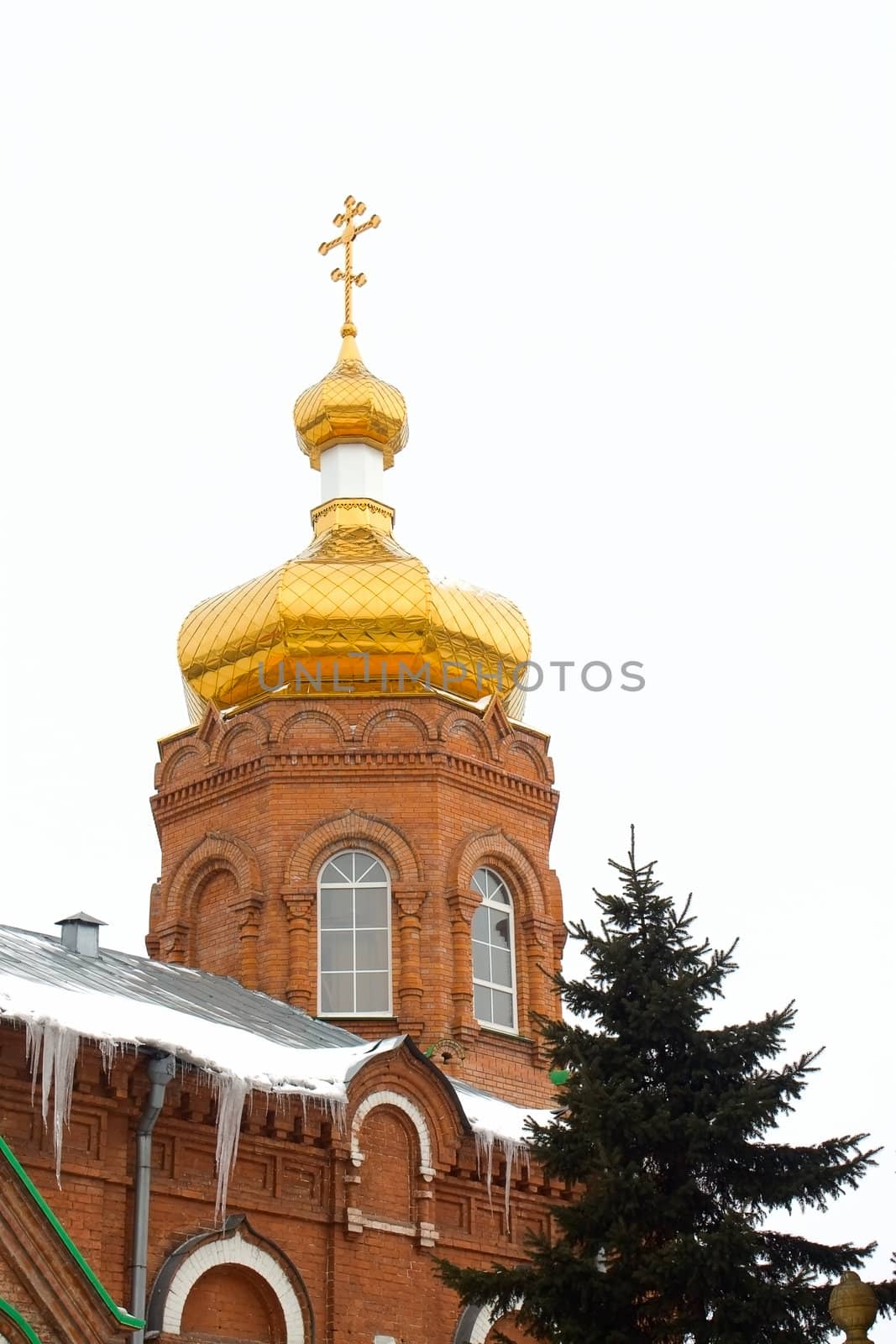 Golden dome of the church and the church building on the skyline.