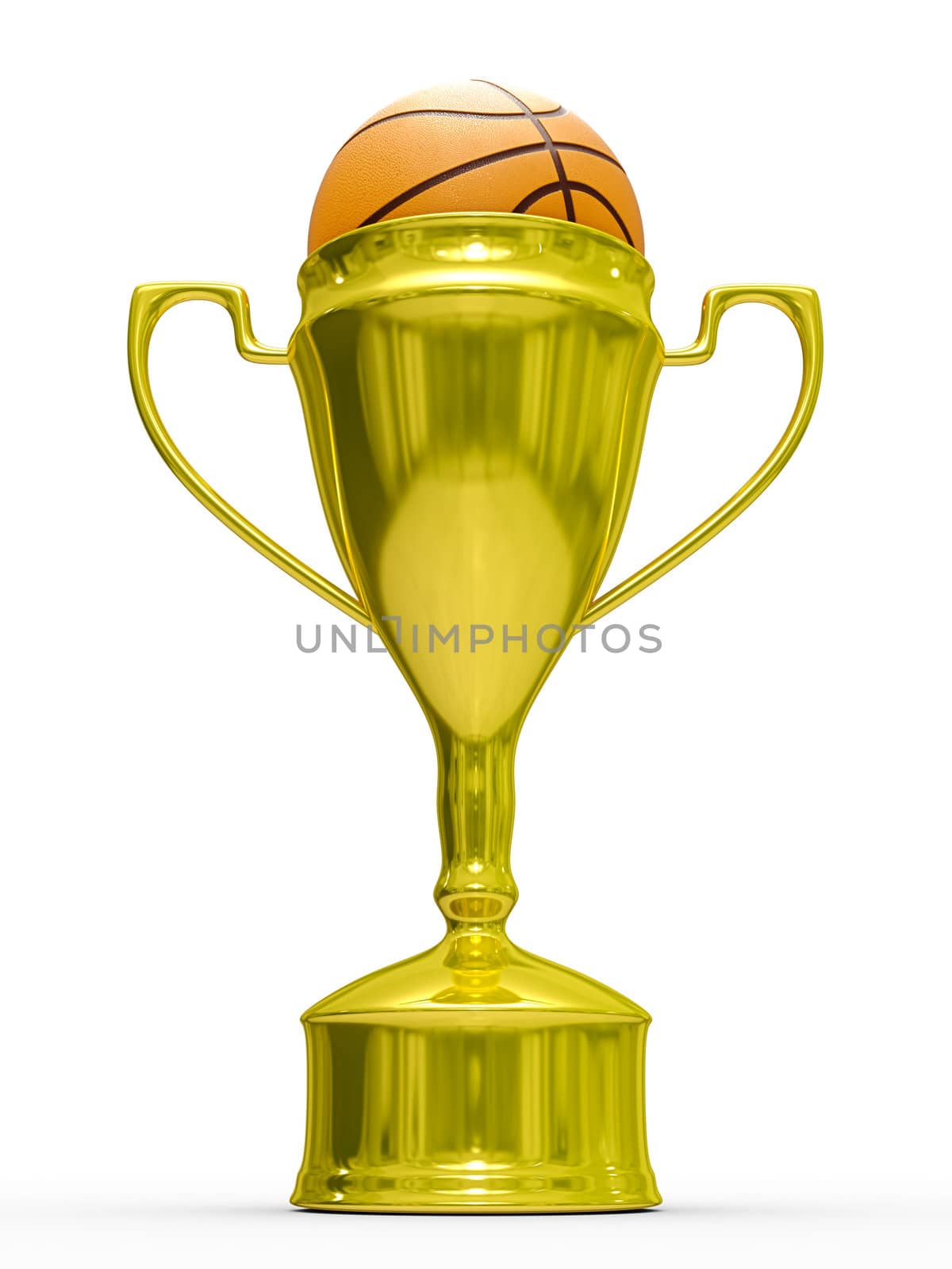 Gold cup winner with basketball ball. Isolated 3D image