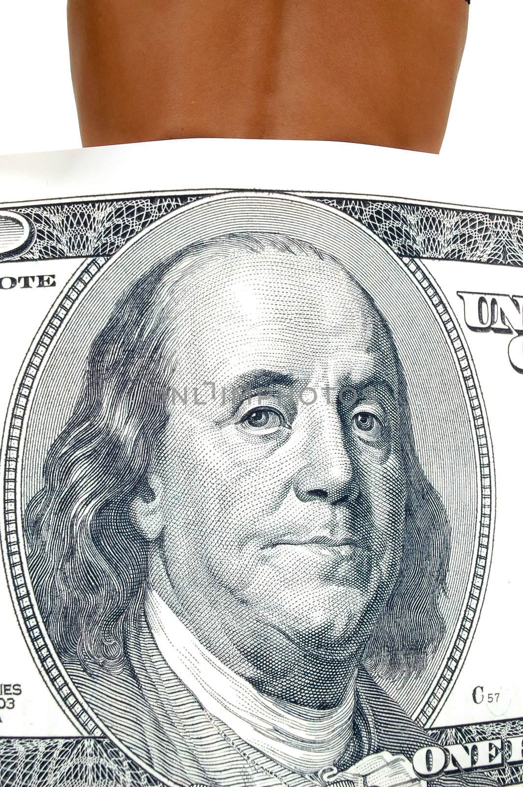 Woman whith dollar bill on white background