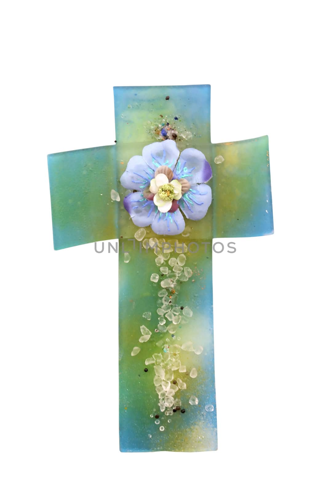 Glass cross with flower isolated on white